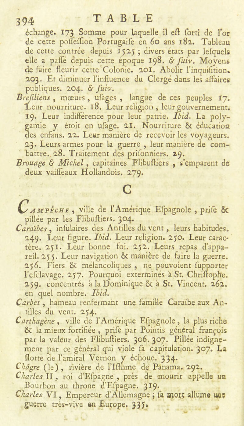 échange. 173 Somme pour laquelle il efl forti de l’or de cette poffefifion Portugaife en 60 ans 182. Tableau de cette contrée depuis 1525 ; divers états par lefquels elle a paffe depuis cette époque 198. & fuiv, Moyens de faire fleurir cette Colonie. 201. Abolir l’inquifîtion. 203. Et diminuer l’influence du Clergé dans les affaires publiques. 204. & fuiv. Bref liens , mœurs, ufages , langue de ces peuples 17. Leur nourriture. 18. Leur religion , leur gouvernement. 19. Leur indifférence pour leur patrie. Ibid. La poly- gamie y étoit en ufage. 21. Nourriture &c éducatioo des enfàns. 22. Leur manière de recevoir les voyageurs. 23. Leurs armes pour la guerre , leur manière de com- battre.. 28. Traitement des prifonniers. 29. Brouage & Michel , capitaines Flibuftiers , s’emparent de deux vaiflèaux Hollandois. 279. c C' JmpÊche , ville de l’Amérique Efpagnole , prife & pillée par les Flibuftiers. 304. Caraïbes , infulaires des Antilles du vent, leurs habitudes. 249. Leur figure. Ibid. Leur religion. 250. Leur carac- tère. 251. Leur bonne foi. 252. Leurs repas d’appa- reil. 255. Leur navigation manière de faire la guerre. 256. Fiers & mélancoliques , ne pouvoient fupporter l’efclavage. 257. Pourquoi exterminés à St. Chriuophe. 259. concentrés à la Dominique <k à St. Vincent. 262. en quel nombre. Ibid. Carbet, hameau renfermant une famille Caraïbe aux An- tilles du vent. 254. Carthagene , ville de l’Amérique Efpagnole , la plus riche &C la mieux fortifiée , prife par Pointis général françois par la valeur des Flibuffiers. 306. 307. Pillée indigne- ment par ce général qui viole fa capitulation. 307. La flotte de l’amiral Vernon y échoue. 334. Châgre (le) , rivière de l’Ifthme de Panama. 292. Charles II, roi d’Efpagne , près de mourir appelle un Bourbon au throne d'Efpagne. 319. Charles VI, Empereur d’Allemagne i fa ajOlii allume uo? guerre très-vive en Europe. 33J*