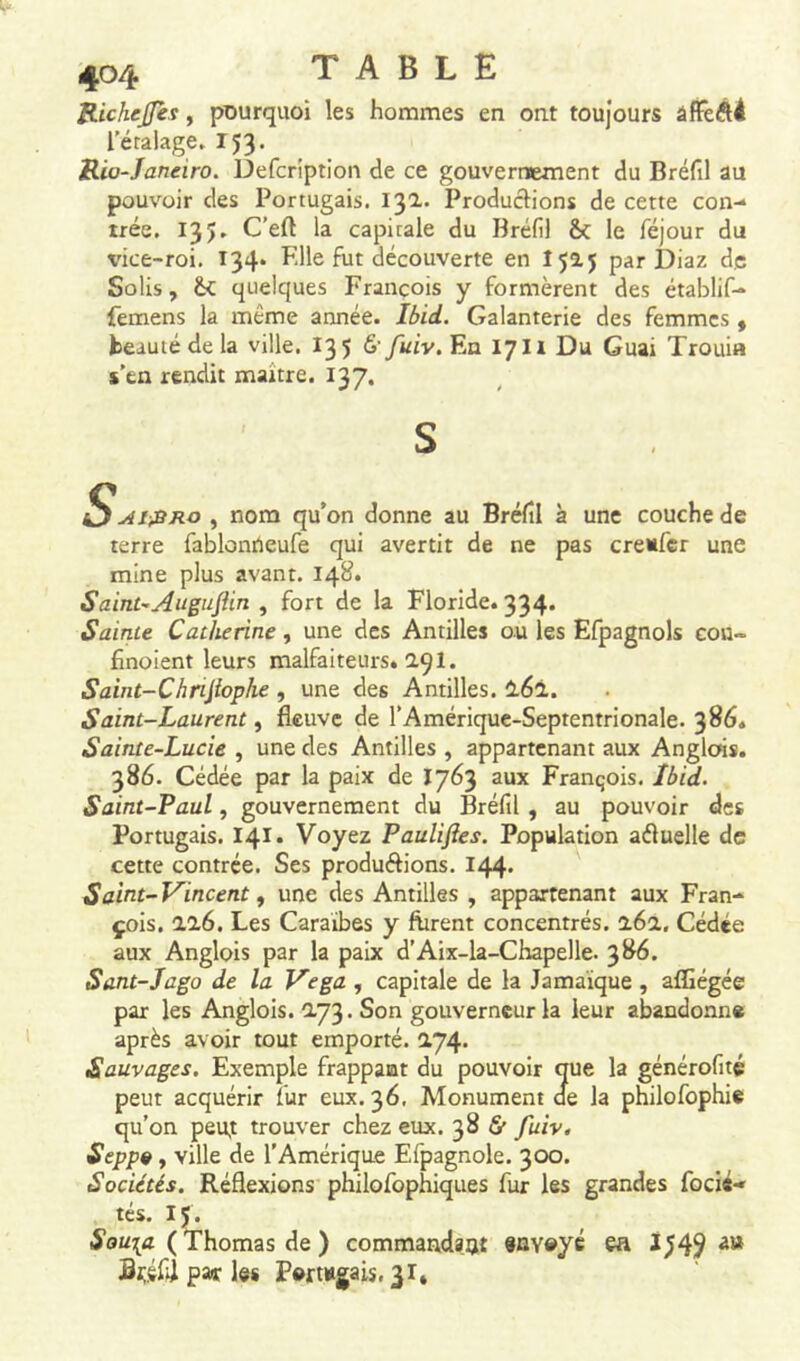 4°4 RicheJJis, pourquoi les hommes en ont toujours âffeéU leralage. 153. Riu-Janeiro. Defcription de ce gouvernement du Bréfil au pouvoir des Portugais. 132. Produirions de cette con- trée. 13J* C’eft la capitale du Bréfil & le féjour du vice-roi. 134* F.lle fut découverte en 15a5 par Diaz de Solis, &C quelques François y formèrent des établif- femens la même année. Ibid. Galanterie des femmes , beauté de la ville. I35 & fuiv. En 17H Du Guai Trouia s’en rendit maître. 137. sJ ai&ro , nom qu’on donne au Bréfîl à une couche de terre fablonrieufe qui avertit de ne pas creitfer une mine plus avant. 148. Saint-Augufin , fort de la Floride. 334. Sainte Catherine, une des Antilles ou les Efpagnols cou» finoient leurs malfaiteurs. 291. Saint-Chrijiophe , une des Antilles. 262. Saint-Laurent, fleuve de l’Amérique-Septentrionale. 386. Sainte-Lucie , une des Antilles , appartenant aux Anglais. 386. Cédée par la paix de 1763 aux François. Ibid. Saint-Paul, gouvernement du Bréfil , au pouvoir des Portugais. 141. Voyez Paulijïes. Population aéluelle de cette contrée. Ses produ&ions. 144* Saint-Vincent, une des Antilles , appartenant aux Fran- çois. 226. Les Caraïbes y furent concentrés. 262, Cédée aux Anglois par la paix d’Aix-la-Chapelle. 386. Sant-Jago de la Vega , capitale de la Jamaïque , affiégée par les Anglois. 273. Son gouverneur la leur abandonne après avoir tout emporté. 274. Sauvages. Exemple frappant du pouvoir que la générofité peut acquérir fur eux. 36. Monument de la philofophie qu’on peu,t trouver chez eux. 38 St fuiv. Seppê, ville de l’Amérique Efpagnole. 300. Sociétés. Réflexions philofophiques fur les grandes fodé- tés. 15. Souyi ( Thomas de ) commandai}: envoyé ea 2^49 au BçéfÙ par les Portugais, 31,