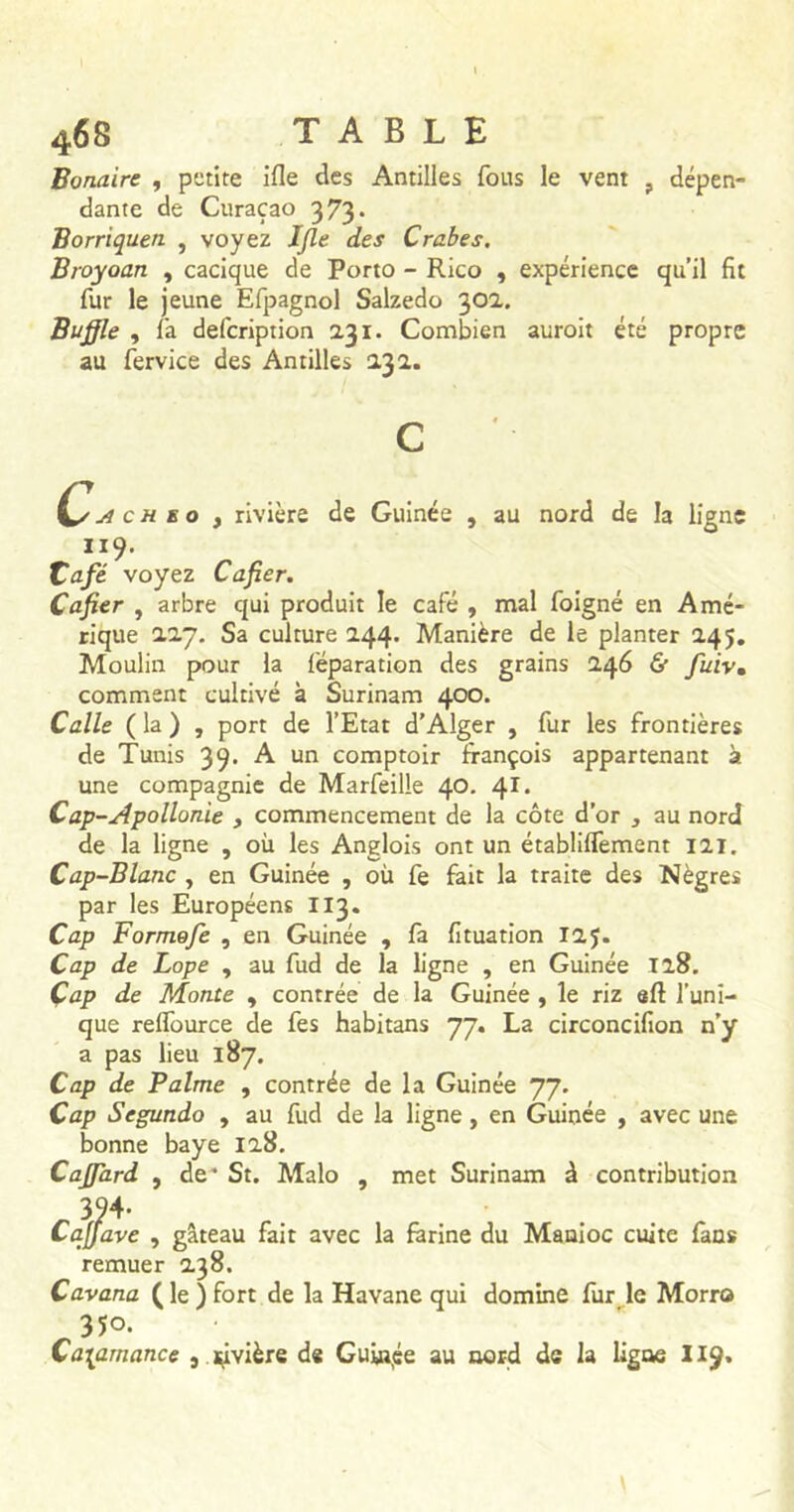 Bonaire , petite ifle des Antilles fous le vent ? dépen- dante de Curaçao 373. Borriquen , voyez Ifle des Crabes. Broyoan , cacique de Porto - Rico , expérience qu’il fit fur le jeune Efpagnol Salzedo 30a. Buffle , fa defeription 2.31. Combien auroit été propre au fervice des Antilles 132. c A CH E O rivière de Guinée au nord de la ligne 119. Café voyez Cafier. Cafier , arbre qui produit le café , mal foigné en Amé- rique 227. Sa culture 244. Manière de le planter 245. Moulin pour la féparation des grains 246 & fuiv. comment cultivé à Surinam 400. Calle ( la ) , port de l’Etat d’Alger , fur les frontières de Tunis 39. A un comptoir françois appartenant à une compagnie de Marfeille 40. 41* Cap-Apollonie , commencement de la côte d’or , au nord de la ligne , où les Anglois ont un établiffement 121. Cap-Blanc , en Guinée , où fe fait la traite des Nègres par les Européens 113. Cap Formofe , en Guinée , fa fituation 12J. Cap de Lope , au fud de la ligne , en Guinée T 28. Çap de Monte , contrée de la Guinée , le riz efl l’uni- que relfource de fes habitons 77. La circoncifion n’y a pas lieu 187. Cap de Palme , contrée de la Guinée 77. Cap Segundo , au fud de la ligne, en Guinée , avec une bonne baye 128. Caffard , de* St. Malo , met Surinam à contribution 394- Caffave , gâteau fait avec la farine du Manioc cuite fans remuer 238. Cavana (le ) fort de la Havane qui domine fur le Morro 35°- ”... Ca\amance , lûvière de Guinée au nord de la ligne 119.