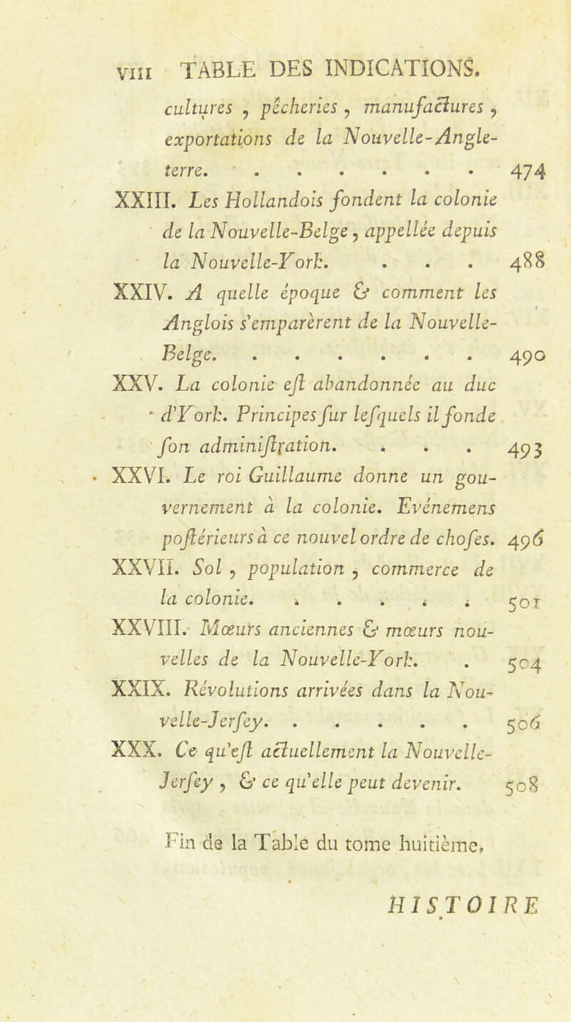 Viîi TABLE DES INDICATIONS. cultures , pêcheries , manufactures ? exportations de la Nouvelle-Angle- terre. 474 XXIII. Les Hollandois fondent la colonie de la Nouvelle-Belge, appellée depuis la Nouvelle-Yorh. . . . 488 XXIV. A quelle époque & comment les Anglois s'emparèrent de la Nouvelle- Belge 490 XXV. La colonie efl abandonnée au duc ■ d'Yorh. Principes fur lefquels il fonde fon adminijlfation. . . . 493 • XXVI. Le roi Guillaume donne un gou- vernement à la colonie. Evénemens pojlérieurs à ce nouvel ordre de chofes. 496 XXVII. Sol , population ? commerce de la colonie. . * <joi XXVIII. Mœurs anciennes & mœurs nou- velles de la Nouvelle-Yorh. . 504 XXIX. Révolutions arrivées dans la Non- velle-Jcrfey 506 XXX. Ce quejl actuellement la Nouvellc- Jerfey , & ce quelle peut devenir. 508 Lin ds la Table du tome huitième, HISTOIRE