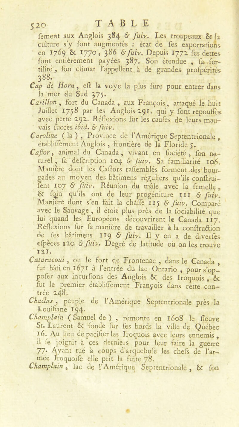 fement aux Anglois 384 & fuiv. Les troupeaux h culture s’y font augmentés : état de fes exportations en 1769 6c 1770, 386 <5-fuiv. Depuis 177a fes dettes font entièrement payées 387. Son étendue , fa,.fer- tilité , fon climat l’appellent à de grandes profpérités 388. Cap dt Horn, eft la voye la plus fure pour entrer dans la mer du Sud 375. Carillon, fort du Canada , aux François, attaqué le huit Juillet 1758 par les Angloisa.91. qui y font repoulfés avec perte 191. Réflexions fur les caufes de leurs mau- vais fuccès ibid. & fuiv. Caroline ( la ) , Province de l’Amérique Septentrionale y établiffement Anglois , frontière de la Floride 5. Cajlor, animal du Canada, vivant en fociété , fon na- turel , fa defeription 104 & fuiv. Sa familiarité 106. Manière dont les Caflors ralfemblés forment des bour- gades au moyen des bâtimens réguliers qu’ils conftrui- fent 107 6' fuiv. Réunion du mâle avec la femelle , foin qu’ils ont de leur progéniture III & fuiv. Maniéré dont s’en fait la châffe 115 & fuiv. Comparé avec le Sauvage , il étoit plus près de la fociabilité que lui quand les Européens découvrirent le Canada 117. Réflexions fur fa manière de travailler â la conftruftion de fes bâtimens 119 & fuiv. U y en a de diverfes efpèces iao & fuiv. Degré de latitude où on les trouve 12.I. Cataracoui, ou le fort de Frontenac , dans le Canada , fut bâti en 1671 à l’entrée du lac Ontario , pours’op- pofer aux incurfions des Anglois des Iroquois , & fut le premier établiffement François dans cette con- trée 148. Chaclas , peuple de l’Amérique Septentrionale près la Louifiane 194. Champlain ( Samuel de ) , remonte en léo8 le fleuve St. Laurent & fonde fur fes bords la ville de Québec 16. Au lieu de pacifier les Iroquois avec leurs ennemis, il fe joignit â ces derniers pour leur faire la guerre 77; Ayant tué â coups d'arquebufe les chefs de l’ar- mée Iroquoife elle prit la fuite 78. Champlain, lac de l’Amérique Septentrionale , ÔC fon