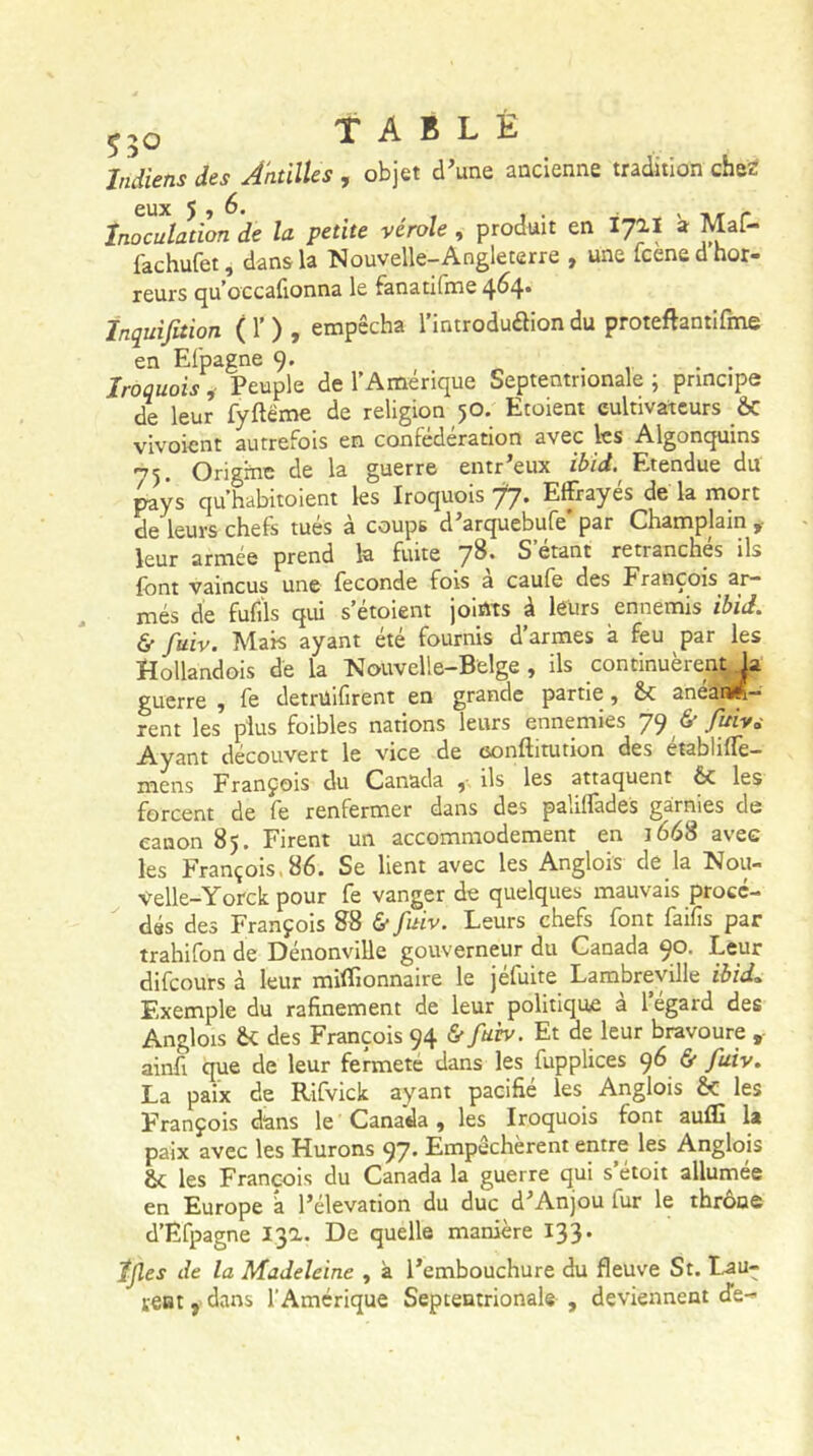 53° Indiens des Antilles TABLÉ , objet d’une ancienne tradition chez eux 5 i . • . , ,, r Inoculation de la petite vernie , produit en mi a Mafo fachufet, dans la Nouvelle-Angleterre , une lcened hor- reurs qu’occafionna le fanatifme 464. Inquifetion ( 1’ ) , empêcha l’introduélion du proteftantifme en Efpagne 9. ..... Iroquois Peuple de l’Amérique Septentrionale ; principe de leur fyftéme de religion 50. Etoient cultivateurs ÔC vivoient autrefois en confédération avec les Algonquins Origine de la guerre entr eux ibid. Etendue du pays qu’habitoient les Iroquois 77. Effrayés de la mort de leurs chefs tués à coups d’arquebufe' par Champlain f leur armée prend la fuite 78. S étant retranchés ils font vaincus une fécondé fois a caufe des François ar- més de fufîls qui s’étoient joints à leurs ennemis ibid. & fuiv. Mais ayant été fournis d’armes à feu par les Hollandois dé la Nouvelle-Belge , ils continuèrent la guerre , fe detrüifirént en grande partie , aneanlfe— rent les plus foibles nations leurs ennemies 79 & fuiv.- Ayant découvert le vice de eonftitution des etablifle- niens François du Canada ^ ils les attaquent les forcent de fe renfermer dans des paliffades garnies de eanon 85. Firent un accommodement en J668 avec les François . 86. Se lient avec les Anglois de la Nou- Velle-Yorck pour fe vanger de quelques mauvais procé- das des François S8 6- fuiv. Leurs chefs font faifis par trahifon de Dénonville gouverneur du Canada 90. Leur difeours à leur millionnaire le jéfuite Lanabreville ibid„ Exemple du rafinement de leur politique a 1 egard des Anglois & des François 94 & fuiv. Et de leur bravoure , ainfi que de leur fermete dans les fupplices 96 & fuiv. La paix de Rifvick ayant pacifié les Anglois &c les François dans le Canada , les Iroquois font aufll la paix avec les Hurons 97. Empêchèrent entre les Anglois Se les François du Canada la guerre qui s’étoit allumée en Europe à l’élévation du duc d’Anjou fur le thrôue: d’Efpagne 13a. De quelle manière 133. If es de la Madeleine , à l’embouchure du fleuve St. Lau-