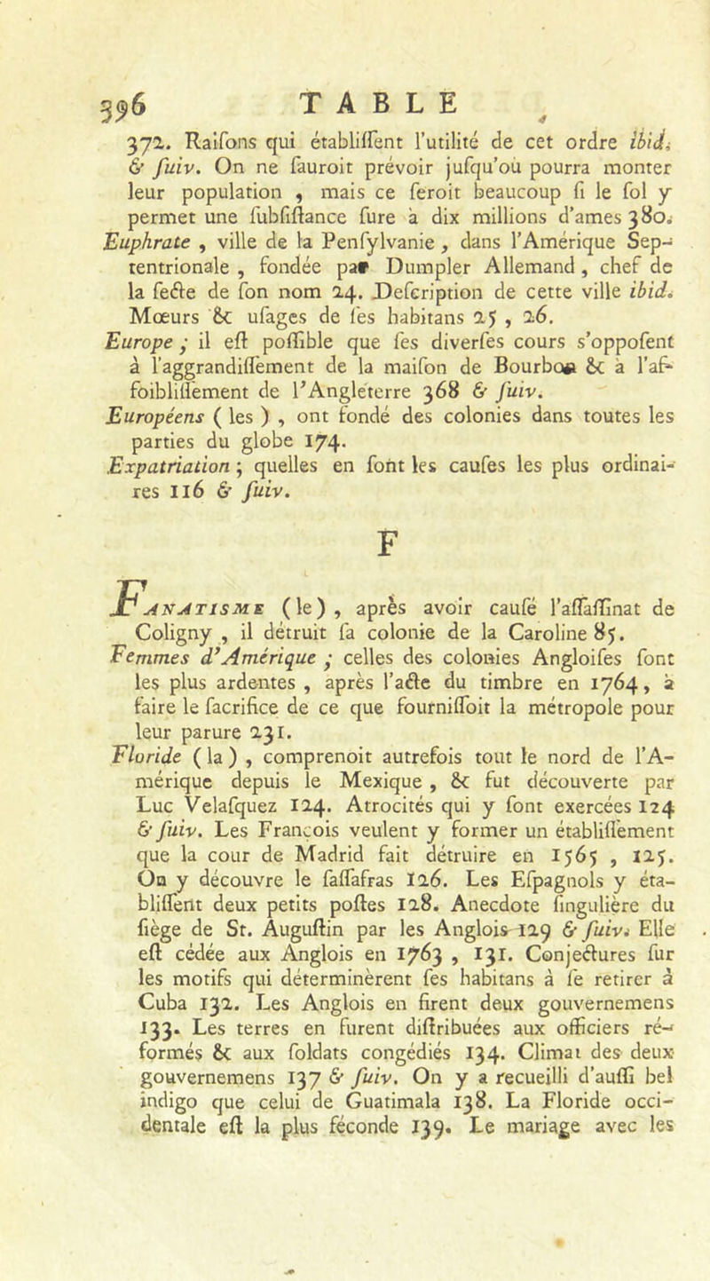 372. Raifons qui établirent l’utilité de cet ordre ibi&lt;t; &amp; fuiv. On ne fauroit prévoir jufqu’ou pourra monter leur population , mais ce feroit beaucoup fi le fol y permet une fubfiftance fure a dix millions d’ames 380^ Euphrate , ville de la Penfylvanie , dans l’Amérique Sep- tentrionale , fondée pa» Dumpler Allemand , chef de la feéte de fon nom 24. Defeription de cette ville ibid. Mœurs 6c ufages de les habitans 25 » ^6* Europe • il eft polîîble que fes diverfes cours s’oppofent à l’aggrandilîèment de la maifon de Bourbe» 6c à l’afi* foiblillëment de l’Angleterre 368 &amp; Juiv. Européens ( les ) , ont fondé des colonies dans toutes les parties du globe 174. Expatriation ; quelles en font les caufes les plus ordinai- res il6 &amp; fuiv. F Fj4NJtisme (le), après avoir caufé l’aflâlfinat de Coligny , il détruit fa colonie de la Caroline 85. Femmes d’Amérique • celles des colonies Angloifes font les plus ardentes , après l’ade du timbre en 1764, à faire le facrifice de ce que fournilfoit la métropole pour leur parure 231. Floride ( la ) , comprenoit autrefois tout le nord de l’A- mérique depuis le Mexique , 6c fut découverte par Luc Velafquez 124. Atrocités qui y font exercées 124 &amp; Juiv. Les François veulent y former un établiflement que la cour de Madrid fait détruire en 1565 , I2J. On y découvre le falfafras I26. Les Efpagnols y éta- blilfent deux petits pofles 128. Anecdote finguliçre dit fiège de St. Auguftin par les Anglois^29 &amp; fuivt Elle eft cédée aux Anglois en 1763 , 131. Conjectures fur les motifs qui déterminèrent fes habitans à fe retirer à Cuba 132. Les Anglois en firent deux gouvernemens 133. Les terres en furent difîribuées aux officiers ré-' formés 6c aux foldats congédiés 134. Climat des deux gouvernemens 137 6” fuiv. On y a recueilli d’auffi bel indigo que celui de Guatimala 138. La Floride occi- dentale eft la plus féconde 139. Le mariage avec les