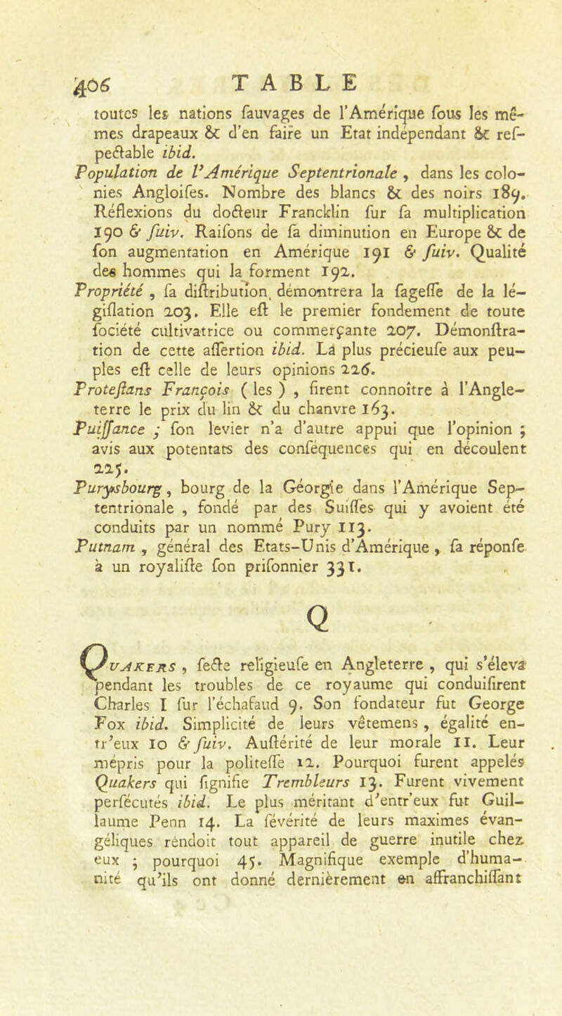 &06 toutes les nations fauvages de l’Amérique fous les mê- mes drapeaux &£ d’en faire un Etat indépendant ref- peélable ibid. Population de l’Amérique Septentrionale , dans les colo- nies Angloifes. Nombre des blancs des noirs 189. Réflexions du doéfeur Francklin fur fa multiplication 190 & fuiv. Raifons de fa diminution en Europe ÔC de fon augmentation en Amérique 191 & fuiv. Qualité de« hommes qui la forment 19a. Propriété , fa diftribution, démontrera la fagefle de la lé- giflation 203. Elle efl: le premier fondement de toute fociété cultivatrice ou commerçante 2.07. Démonftra- tion de cette afifertion ibid. La plus précieufe aux peu- ples efl: celle de leurs opinions 216. Protefians François ( les ) , firent connoître à l’Angle- terre le prix du lin & du chanvre 163. Puijfance ; fon levier n’a d’autre appui que l’opinion ; avis aux potentats des confequences qui en découlent 22J. Purysbourg, bourg de la Géorgie dans l’Amérique Sep- tentrionale , fondé par des Suifles qui y avoient été conduits par un nommé Pury 113. Putnam , général des Etats-Unis d’Amérique , fa réponfe à un royalifte fon prifonnier 33 t. Juakers , feéle religieufe en Angleterre , qui s’éleva pendant les troubles de ce royaume qui conduifirent Charles I fur l’échafaud 9. Son fondateur fut George Fox ibid. Simplicité de leurs vêtemens, égalité en- tr’eux io 6” fuiv. Auftérité de leur morale II. Leur mépris pour la politeffe 12. Pourquoi furent appelés Quakers qui fignifie Trembleurs 13- Furent vivement perfécutés ibid. Le plus méritant d’entr’eux fut Guil- laume Penn 14. La févérité de leurs maximes évan- géliques réndoit tout appareil de guerre inutile chez, eux ; pourquoi 45. Magnifique exemple d’huma- nité qu’ils ont donné dernièrement en affranchiffan t