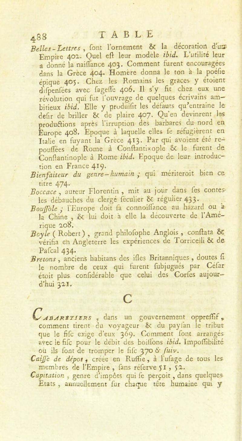 Belles - Lettres , Cont l’ornement Sc la décoration dW Empire 40a. Quel eft leur modèle ibid. L’utilité leur a donné la nailfance 403. Comment furent encouragées dans la Grèce 404. Homère donna le ton à la poéfie épique 405. Chez les Romains les grâces y étoient difpenfées avec fageflè 406. Il s’y fit chez eux une révolution qui fut l’ouvrage de quelques écrivains am-' bitieux ibid. Elle y pruduifit les défauts qu’entraine le defir de briller gc de plaire 407. Qu’en devinrent las produélions après l’irruption des barbares du nord en Europe 408. Epoque à laquelle elles fe réfugièrent en Italie en fuyant la Grèce 413. Par qui avoient été re- pouffées de Rome à Conftantii^.ople &amp;C le furent de Conflantinople à Rome ibid. Epoque de. leur introduc- tion en France 419' Bienfaiteur du genre - humain ; qui mériteroit bien ce titre 474' Boccace , auteur Florentin , mit au jour dans fes contes- les débauches du clergé féculier gf régulier 433. Boujfole ; l’Europe doit fa connoiflance au hazard ou à la Chine , gc lui doit h elle la découverte de l’Amé- rique 2.08. Bcyle ( Robert) , grand philofophe Anglois , conftata gc vérifia eh Angleterre les expériences de Torricelli &amp;C de Pafcal 434. Bretons, anciens habitans des ifles Britanniques , doutes u le nombre de ceux qui furent fubjugués par Céfar étoit plus, confidérable que celui des Corfes aujour- d’hui 321, c C'uiB.ÂRtTîERS , dans un gouvernement opprefïîf^ comment tirent du voyageur gc du payfan le tribut que le fife exige d’eux 369. Comment font arrangés avec le fife pour le débit des boillons ibid. Impoffibilité où ils font de tromper le fife 370 fuiv. CaiJJ'c de dépôt 1 créée en Ruflîe, à l’ufage de tous les membres de l’Empire , fans réferve JI j 52.. Capitation , genre d’impôts qui fe perçoit, dans quelques Etats , annuellement fur chaque tête humaine qui y