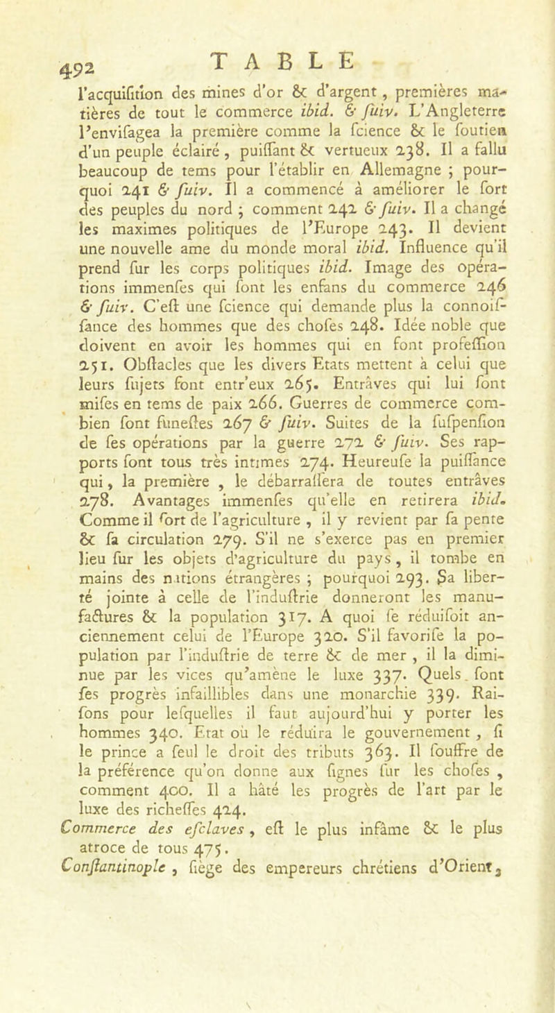 l’acquifitlon des mines d’or èc d’argent, premières ma- tières de tout le commerce iê&gt;id. &amp; fuiv. L’Angleterre l’envifagea la première comme la fcience &amp;: le foutiera d’un peuple éclairé, puiCTant éc vertueux 238. Il a fallu beaucoup de tems pour l’établir en Allemagne ; pour- quoi 241 &amp; fuiv. Il a commencé à améliorer le fort des peuples du nord ; comment 242 &amp; fuiv. Il a changé les maximes politiques de l’Europe 243* H devient une nouvelle ame du monde moral ibid. Influence qu’il prend fur les corps politiques ibid. Image des opéra- tions immenfes qui font les enfâns du commerce 246 &amp; fuiv. C’eft une fcience qui demande plus la connoif- lance des hommes que des chofes 248. Idée noble que doivent en avoir les hommes qui en font profefflon 251. Obftacles que les divers Etats mettent à celui que leurs fujets font entr’eux 265. Entraves qui lui font mifes en tems de paix 266. Guerres de commerce com- bien font funefies 267 6” fuiv. Suites de la fufpenfion de fes opérations par la guerre 272 &amp; fuiv. Ses rap- ports font tous très intimes 274. Heureufe la puiflànce qui, la première , le débarrallera de toutes entrâves 278. Avantages immenfes qu’elle en retirera ibiJ. Comme il flîrt de l’agriculture , il y revient par fa pente hc fa circulation 279. S’il ne s’exerce pas en premier lieu fur les objets d’agriculture du pays , il tombe en mains des n nions étrangères ; pourquoi 293. Sa liber- té jointe à celle de l’induflrie donneront les manu- faftures &amp; la population 317* A quoi fe réduifoit an- ciennement celui de l’Europe 320. S’il favori fe la po- pulation par l’induflrie de terre Se de mer , il la dimi- nue par les vices qu’amène le luxe 337* Quels, font fes progrès infaillibles dans une monarchie 339* ^^i- fons pour lefquelles il faut aujourd’hui y porter les hommes 340. Etat où le réduira le gouvernement , fi le prince a feul le droit des tributs 363. Il foufFre de la préférence qu’on donne aux fignes fur les chofes , comment 400, Il a hâté les progrès de l’art par le luxe des richefles 424. Commerce des efclaves , efl: le plus infâme le plus atroce de tous 475. Conjlantinople , fiège des empereurs chrétiens d’Orientj