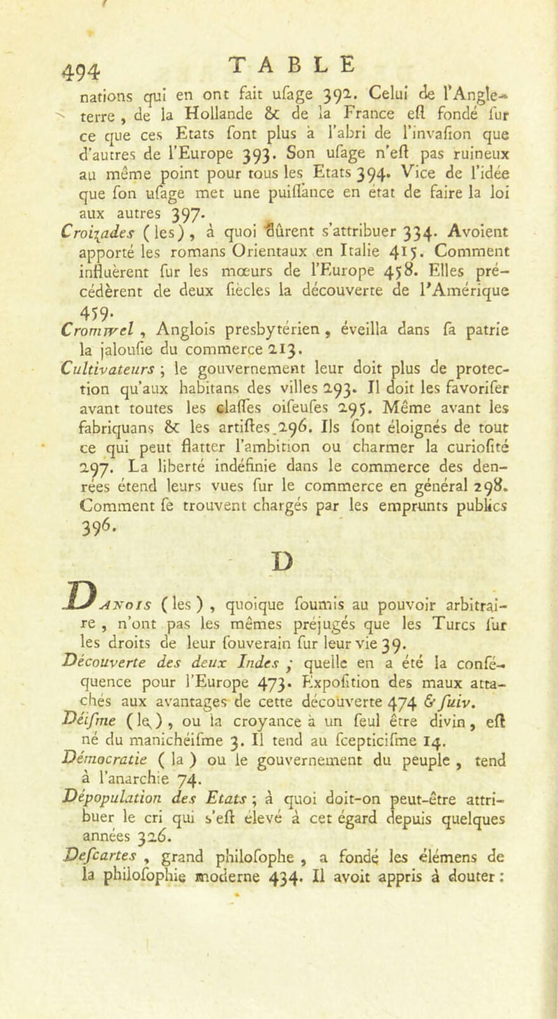nations qui en ont fait ufage 391, Celui cîe l’Angle* terre , de la Hollande 5c de la France efl fondé fur ce que ces Etats font plus à l’abri de l’invafion que d’autres de l’Europe 393. Son ufage n’efl pas ruineux au même point pour tous les Etats 394. Vice de l’idée que fon ufage met une puiflànce en état de faire la loi aux autres 397* Croisades (les), à quoi 'Sûrent s’attribuer 334. Avoient apporté les romans Orientaux en Italie 4^5* Comment influèrent fur les mœurs de l’Europe 458. Elles pré- cédèrent de deux fiècles la découverte de l’Amérique Cromjvel , Anglois presbytérien , éveilla dans fa patrie la jaloufie du commerce 2.I3» Cultivateurs ; le gouvernement leur doit plus de protec- tion qu’aux habitans des villes 2.93* B doit les favorifer avant toutes les clafles oifeufes 2.95. Même avant les fabriquans 6c les artiftes.iqô. Ils font éloignés de tout ce qui peut flatter l’ambition ou charmer la curiofité aqy. La liberté indéfinie dans le commerce des den- rées étend leurs vues fur le commerce en général 298. Comment fe trouvent chargés par les emprunts publics 396. D J)Ajrois (les) , quoique fournis au pouvoir arbitrai- re , n’ont pas les mêmes préjugés que les Turcs fur les droits de leur fouverain fur leur vie 39. Découverte des deux Indes • quelle en a été la confé- quence pour l’Europe 473* Expofition des maux atta- chés aux avantages de cette découverte 474 &amp; fuiv. Déif me (le^), ou la croyance à un feul être divin, efl né du manichéifme 3. Il tend au fcepticifme I4. Démocratie ( la ) ou le gouvernement du peuple , tend à l’anarchie 74. Dépopulation des Etats ; à quoi doit-on peut-être attri- buer le cri qui s’efl: élevé à cet égard depuis quelques années 326. Defcartes , grand philofophe , a fondé les élémens de la phiiofophle moderne 434* H avoit appris à douter :