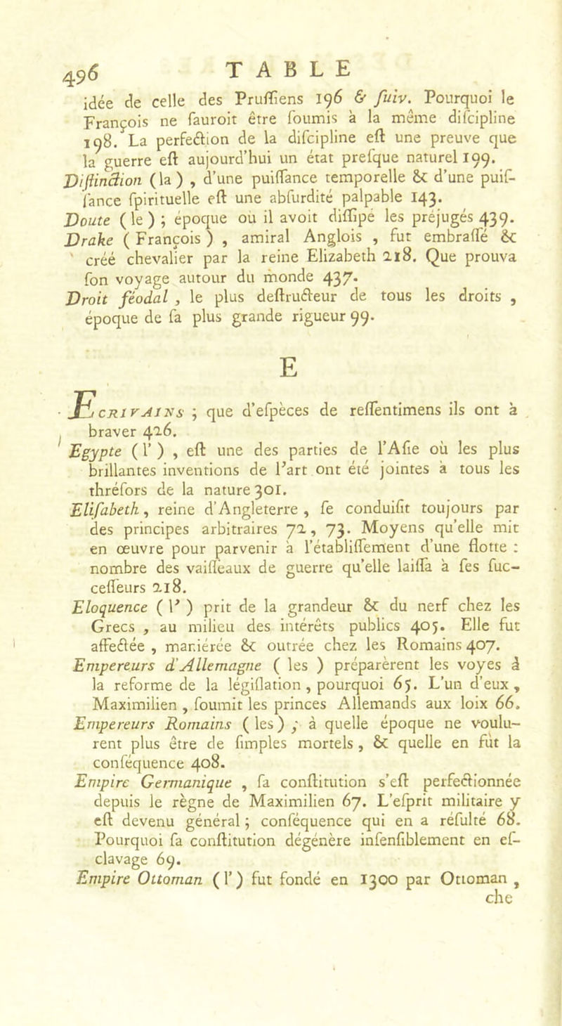 idée de celle des Pruffiens 196 ^ fuiv. Pourquoi le François ne fauroit être fournis à la même difcipline 198. La perfeélion de la difcipline eft une preuve que la guerre eft aujourd’hui un état prefque naturel 199. PiftinSion (la) , d’une puiffance temporelle &amp;: d’une puif- fance fpirituelle eft une abfurdité palpable 143. Doute (le ) ; époque ou il avoit diflîpé les préjugés 439. Drake ( François ) , amiral Anglois , fut embraffé &amp;c ' créé chevaher par la reine Elizabeth 2.18. Que prouva fon voyage autour du monde 437* Droit féodal , le plus deftruéleur de tous les droits , époque de fa plus grande rigueur 99. E Pi CRI yNS' ; que d’efpèces de reflentimens ils ont à braver Egypte ( r ) , eft une des parties de TA fie où les plus brillantes inventions de l’art ont été jointes à tous les thréfors de la nature 301. Elifabeth, reine d’Angleterre , fe conduifit toujours par des principes arbitraires , 73* Moyens qu’elle mit en œuvre pour parvenir à l’établiflement d’une flotte : nombre des vaifléaux de guerre qu’elle laiflà à fes fuc- cefléurs ai 8, Eloquence ( P ) prit de la grandeur du nerf chez les Grecs , au milieu des intérêts publics 4*^5* Elle fut affedée , maniérée êc outrée chez les Romains 407. Empereurs d’Allemagne ( les ) préparèrent les voyes à la reforme de la légiflation, pourquoi 65. L’un d’eux, Maximilien , fournit les princes Allemands aux loix 66. Empereurs Romains (les)ç à quelle époque ne voulu- rent plus être de fimples mortels , &amp; quelle en fut la conféquence 408. Empire Germanique , fa conftitution s’eft perfedionnée depuis le règne de Maximilien 67. L’efprit militaire y eft devenu général ; conféquence qui en a réfulté 68. Pourquoi fa conftitution dégénère infenfiblement en el- clavage 69. Empire Ottoman (T) fut fondé en 1300 par Ottoman , che