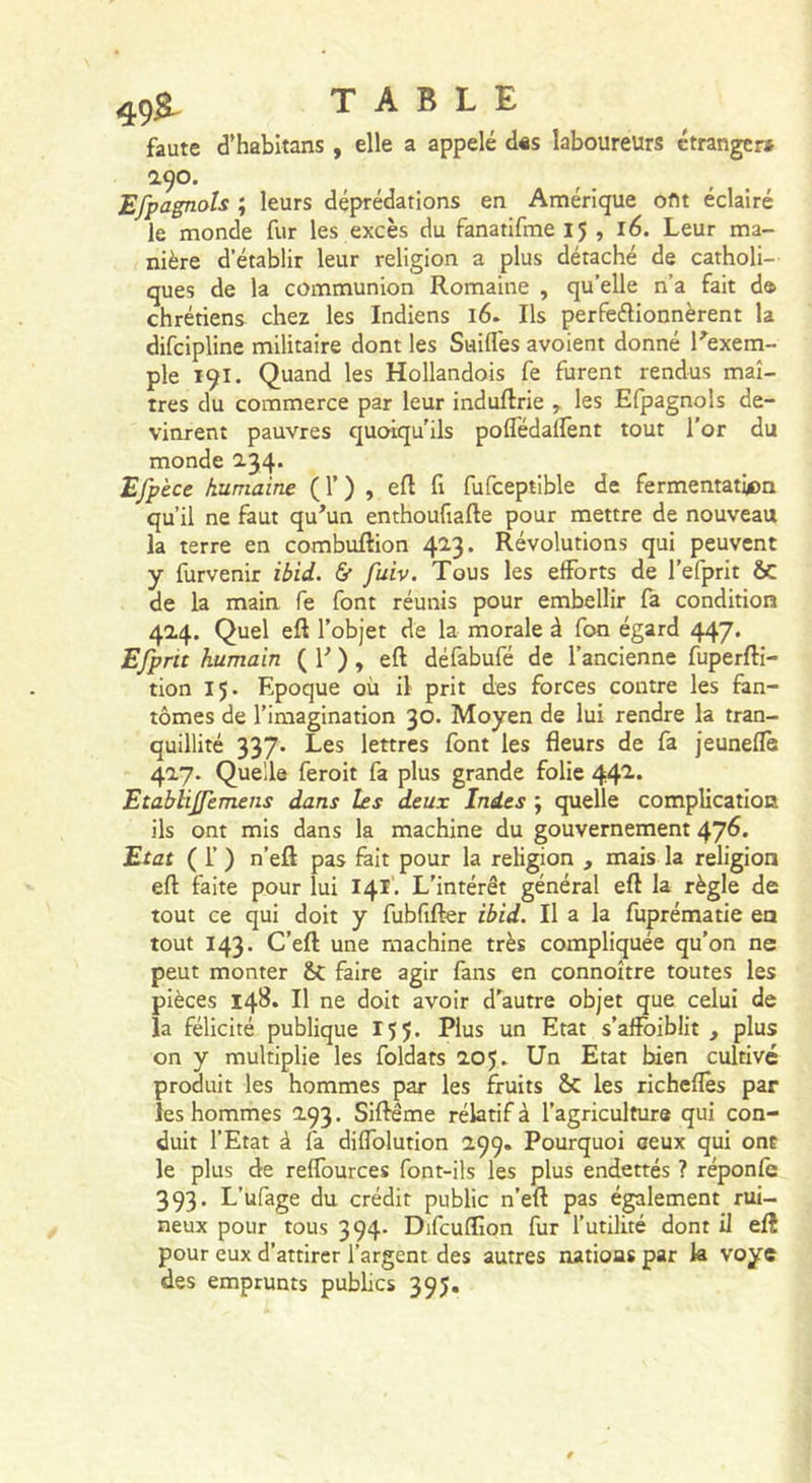 faute d’habitans , elle a appelé d«s laboureurs étranger* 190. Efpagnols ; leurs déprédations en Amérique oflt éclairé le monde fur les excès du fanatifme 15 , 16. Leur ma- nière d’établir leur religion a plus détaché de catholi- ques de la communion Romaine , qu’elle n’a fait da chrétiens chez les Indiens 16. Ils perfedionnèrent la difeipline militaire dont les Suidés avoient donné Rexem- ple 191. Quand les Hollandois fe furent rendus maî- tres du commerce par leur induftrie , les Efpagnols de- vinrent pauvres quoiqu'ils pofledalïént tout l’or du monde 2.34. Efpèce humaine (T) , eft fi fufceptible de fermemati*)n qu’il ne faut qu^un enthoufiafte pour mettre de nouveau la terre en combuftion 423. Révolutions qui peuvent y furvenir ibid. &amp; fuiv. Tous les efforts de refprit ôc de la main fe font réunis pour embellir fa condition 424. Quel eft l’objet de la morale à fon égard 447. Efpnt humain ( T ), eft défabufé de l’ancienne fuperfti- tion 15. Epoque où il prit des forces contre les fan- tômes de l’imagination 30. Moyen de lui rendre la tran- quillité 337. Les lettres font les fleurs de fa jeunefle 427. Quelle feroit fa plus grande folie 44'^* Etablijfemens dans les deux Indes ; quelle complication ils ont mis dans la machine du gouvernement 47^* Etat ( 1’ ) n’efl pas fait pour la religion , mais la religion eft faite pour lui 141. L’intérêt général eft la règle de tout ce qui doit y fubfifter ibid. Il a la fuprématie en tout 143. C’eft une machine très compliquée qu’on ne peut monter Sc faire agir fans en connoître toutes les pièces 148* Il ne doit avoir d'^autre objet que celui de la félicité publique 155. Plus un Etat s’afîbiblit , plus on y multiplie les foldats 205, Un Etat bien cultivé produit les hommes par les fruits Sc les richeflés par les hommes 293. Siftême rélatif à l’agriculture qui con- duit l’Etat à fa diffolution 299. Pourquoi ceux qui ont le plus de reffources font-ils les plus endettés ? réponle 393. L’ufage du crédit public n’eft pas également rui- neux pour tous 394. Difcuflîon fur l’utilité dont il eft pour eux d’attirer l’argent des autres nations par la voyc des emprunts publics 395.