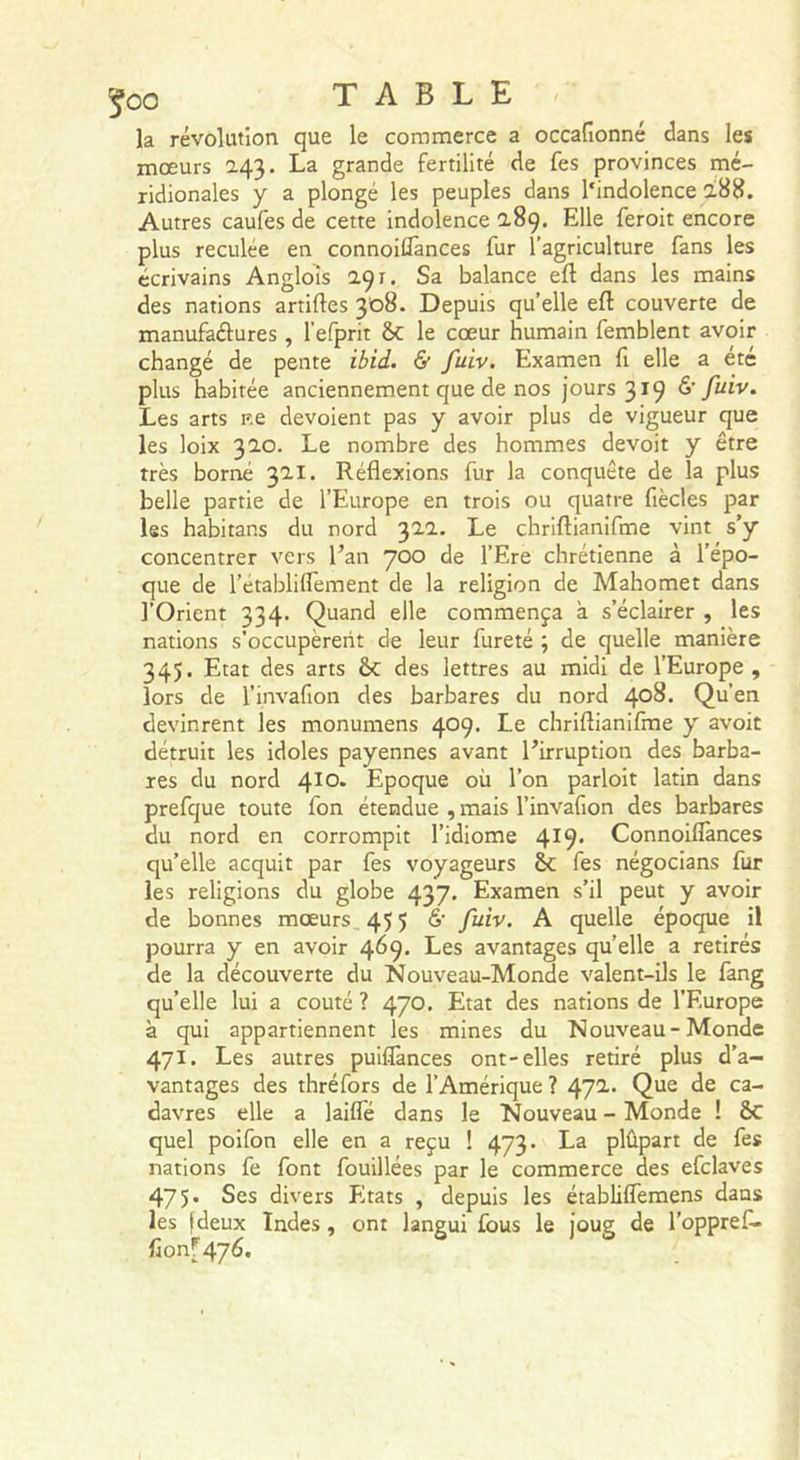 la révolution que le commerce a occafionné dans les mœurs 143. La grande fertilité de fes provinces mé- ridionales y a plongé les peuples dans l'indolence Autres caufes de cette indolence 2.89. Elle feroit encore plus reculée en connoiflânces fur l’agriculture fans les écrivains Anglois 291. Sa balance eft dans les mains des nations artiftes 308. Depuis quelle eft couverte de manufaâures , l’efprit ôc le cœur humain femblent avoir changé de pente ièid. &amp; fuiv. Examen fi elle a été plus habitée anciennement que de nos jours 319 Les arts ne dévoient pas y avoir plus de vigueur que les loix 320. Le nombre des hommes devoit y être très borné 321. Réflexions fur la conquête de la plus belle partie de l’Europe en trois ou quatre fiècles par les habitans du nord 322. Le chriftianifme vint s’y concentrer vers l’an 700 de l’Ere chrétienne à l’épo- que de l’établilfement de la religion de Mahomet dans l’Orient 334. Quand elle commença à s’éclairer , les nations s’occupèrent de leur fureté ; de quelle manière 345. Etat des arts ôc des lettres au midi de l’Europe, lors de l’invafion des barbares du nord 408* Qu’en devinrent les monumens 409. Le chriftianifme y avoit détruit les idoles payennes avant l’irruption des barba- res du nord 4^0. Epoque où l’on parloit latin dans prefque toute fon étendue , mais l’invafion des barbares du nord en corrompit l’idiome 419’ Connoiflânces qu’elle acquit par fes voyageurs Sc fes négocians fur les religions du globe 437. Examen s’il peut y avoir de bonnes mœurs 455 &amp; fuiv. A quelle époque il pourra y en avoir 469. Les avantages quelle a retirés de la découverte du Nouveau-Monde valent-ils le fang qu’elle lui a coûté ? 470. Etat des nations de l’Europe à qui appartiennent les mines du Nouveau-Monde 471. Les autres puiflànces ont-elles retiré plus d’a- vantages des thréfors de l’Amérique ? 47^* davres elle a laifle dans le Nouveau - Monde ! 6c quel poifon elle en a reçu ! 473. La plûpart de fes nations fe font fouillées par le commerce des efclaves 475* Ses divers Pltats , depuis les établiflemens dans les (deux Indes, ont langui fous le joug de l’oppreC- fionf476.