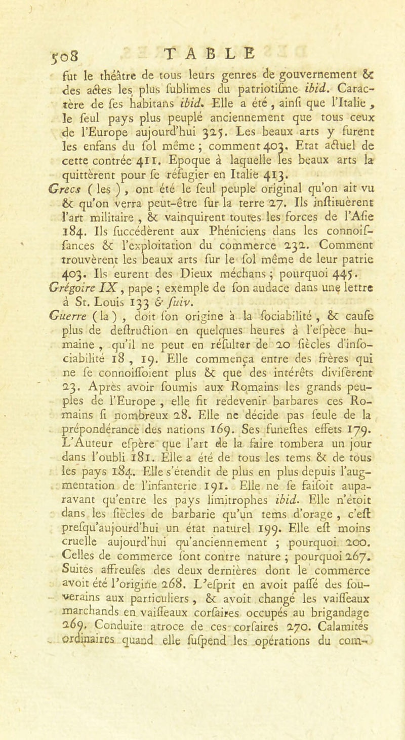 fut le théâtre de tous leurs genres de gouvernement Sc des aéles les plus fublimes du patriotiûne ibid. Carac- tère de fes habitans ibid. Elle a été , ainfi que l’Italie , le feul pays plus peuplé anciennement que tous ceux de l’Europe aujourd’hui 325. Les beaux arts y furent les enfans du fol même; comment403. Etat aéluel de cette contrée 411. Epoque à laquelle les beaux arts k quittèrent pour fe réfugier en Italie 4I3’ Grecs ( les ) , ont été le feul peuple original cju’on ait vu &amp; qu’on verra peut-être fur la terre 27. Ils inftituèrent l’art militaire , &amp;: vainquirent toutes les forces de l’Afîe 184. Ils fuccédèrent aux Phéniciens dans les connoif- fances &amp;; l’exploitation du commerce 232. Comment trouvèrent les beaux arts fur le fol même de leur patrie 403. Ils eurent des Dieux méchans ; pourquoi 445. Grégoire IX, pape ; exemple de fon audace dans une lettre à St. Louis 133 &amp; fuiv. Guerre ( la ) , doit fon origine â la fociabilité , ÔC caufe plus de deüruélion en quelques heures à l’efpèce hu- maine , qu’il ne peut en réfulter de 20 fiecles d'info- ciabilité 18 , 19. Elle commença entre des frères qui ne fe connoilToient plus 6c que des intérêts divifèrcnt 23. Après avoir fournis aux Romains les grands peu- ples de l’Europe , elle fit redevenir barbares ces Ro- mains fi nombreux 28. Elle ne décide pas feule de la prépondérance des nations 169. Ses funeftes effets 179. L’Auteur efpère' que l’art de la faire tombera un jour dans l’oubli 181. Elle a été de tous les tems de tous les pays 184. Elle s’étendit de plus en plus depuis l’aug- mentation de l’infanterie 191. Elle ne fe faifoit aupa- ravant qu’entre les pays limitrophes ibid- Elle n’étoit dans les fiècles de barbarie qu’un tems d’orage , c’eft prefqu’aujourd’hui un état naturel 199. Elle eft moins cruelle aujourd’hui qu’anciennement ; pourquoi. 200. Celles de commerce font contre nature ; pourquoi 267. Suites affreufes des deux dernières dont le commerce avoir été l’origine 268. L’efprit en avoit palfé des fou- verains aux particuliers , avoit changé les vaiffeaux marchands en vaiffeaux corfàires occupés au brigandage 269, Conduite atroce de ces corfàires 270. Calamités ordinaires quand elle fufpend les opérations du com-