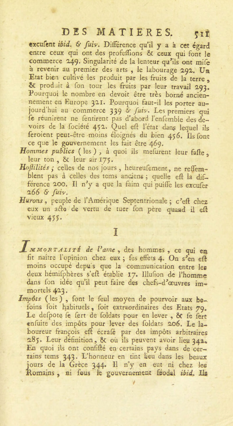 excufcnt ibid. ù fuiv. DifFérence qu'il y a k cet égard entre ceux qui ont des profeflions &amp; ceux qui font le commerce 049. Singularité de la lenteur qu^ils ont mife à revenir au premier des arts , le labourage 29a. Ua Etat bien cultivé les produit par les fruits de la terre , ÎC produit à fon tour les fruits par leur travail 293. Pourquoi le nombre en devoir être très borné ancien- nement en Europe 321. Pourquoi faut-il les porter au- jourd’hui au commerce 339 &amp; fuiv. Les premiers qui fc réunirent ne fentirent pas d’abord l’enfemble des de- voirs de la fociété 452. Quel eft l’état dan$ lequel ils feroient peut-être moins éloignés du bien 456. Ils font ce que le gouvernement les frit être 469. Hommes publics ( les ) , à quoi ils mefurent leur frfte , leur ton , &amp;c leur air 175. Hnflilités • celles de nos jours , heureufement, ne reûTem- blent pas à celles des tems anciens ; quelle eft la dif- férence 200. Il n’y a que la faim qui puiflè les excufer 266 &amp; fuiv. Hurons, peuple de l’Amérique Septentrionale ; c’eft chez eux un aéle de vertu de tuer fon père quaad il eft vieux 455. I J[MMoRTALiTi de Vaine., des hommes, ce qui ea fit naître l’opinion chez eux ; fes effets 4. On s’en eft moins occupé depu's que la communication entre les deux hémifphères s’eft établie 17. Illufion de l’homme dans fon idée qu’il peut frire des chefs-d’œuvres im- mortels 423. Impôts ( les ) , font le feul moyen de pourvoir aux be- foins foit habituels, foit extraordinaires des Etats 79. Le defpote fc fert de foldats pour en lever , ôc fe fert enfuite des impôts pour lever des foldats 206. Le la- boureur françois eft écrafé par des impôts arbitraires 285. Leur définition, Sc où ils peuvent avoir lieu 341* En quoi ils ont confifté en certains pays dans de cer- tains tems 343. L’honneur en tint lieu dans les beaux jours de la Grèce 344. Il n’y en eut ni chez les Komains , ni fous le gouvernement féodal ibid. LU