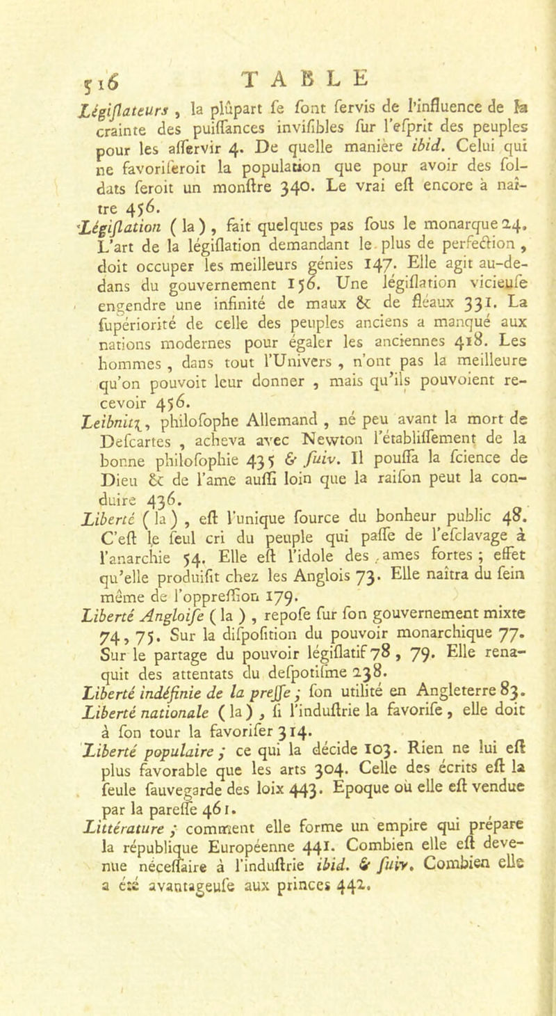 Légijlateun , la plupart fe font fervis de l’influence de h crainte des puiflances invifibles fur refprlt des peuples pour les alTervir 4. De quelle manière ibid. Celui qui ne favoril'eroit la population que pour avoir des fol- dats feroit un monftre 340. Le vrai eft encore à naî- tre 456, 'Légiflation ( la ) , fait quelques pas fous le monarque 24, L’art de la légiflation demandant le plus de perfedion , doit occuper les meilleurs génies 147. Elle agit au-de- dans du gouvernement 150. Une légiflation vicieufe ’ engendre une infinité de maux Sc de fléaux 33^’ fupériorité de celle des peuples anciens a manqué aux nations modernes pour égaler les anciennes 418. Les hommes , dans tout l’Univers , n’ont pas la meilleure qu’on pouvoir leur donner , mais qu’ils pouvoient re- cevoir 456. , , , . Leibniti^ philofophe Allemand , ne peu avant la mort de Defcartes , acheva avec Newton l’établiflement de la bonne philofophie 43 5 «S* fuiv. Il pouffa la fcience de Dieu de l’ame aulÉ loin que la raifon peut la con- duire 436. , . , ^ Liberté ( la ) , eft l’unique fource du bonheur public 48. C’eft le feul cri du peuple qui paffe de l’efclavage à l’anarchie 54. Elle eft l’idole des , âmes fortes ; effet qu’elle produifit chez les Anglois 73’ Elle naîtra du fein même de l’oppreÆon 179. Liberté Angloife ( la ) , repofe fur fon gouvernement mixte 74,75. Sur la difpofition du pouvoir monarchique 77. Sur le partage du pouvoir légiflatif78, 79* rena- quit des attentats du defpotifme l'^S. Liberté indéfinie de la prejje ; fon utilité en Angleterre 83. Liberté nationale ( la ) , fi l'induftrie la favorife , elle doit à fon tour la favorifer 314- Liberté populaire j ce qui la décidé 103* Rien ne lui eft plus favorable que les arts 3^4* Celle des écrits eft la feule fauvegarde des loix 443. Epoque où elle eft vendue par la parefle 461. Littérature / comment elle forme un empire qui préparé la république Européenne 44^* Combien elle eft deve- nue néceffaire à l’induftrie ibid. â fuiy. Combien elle a été avantageufe aux princes 442..