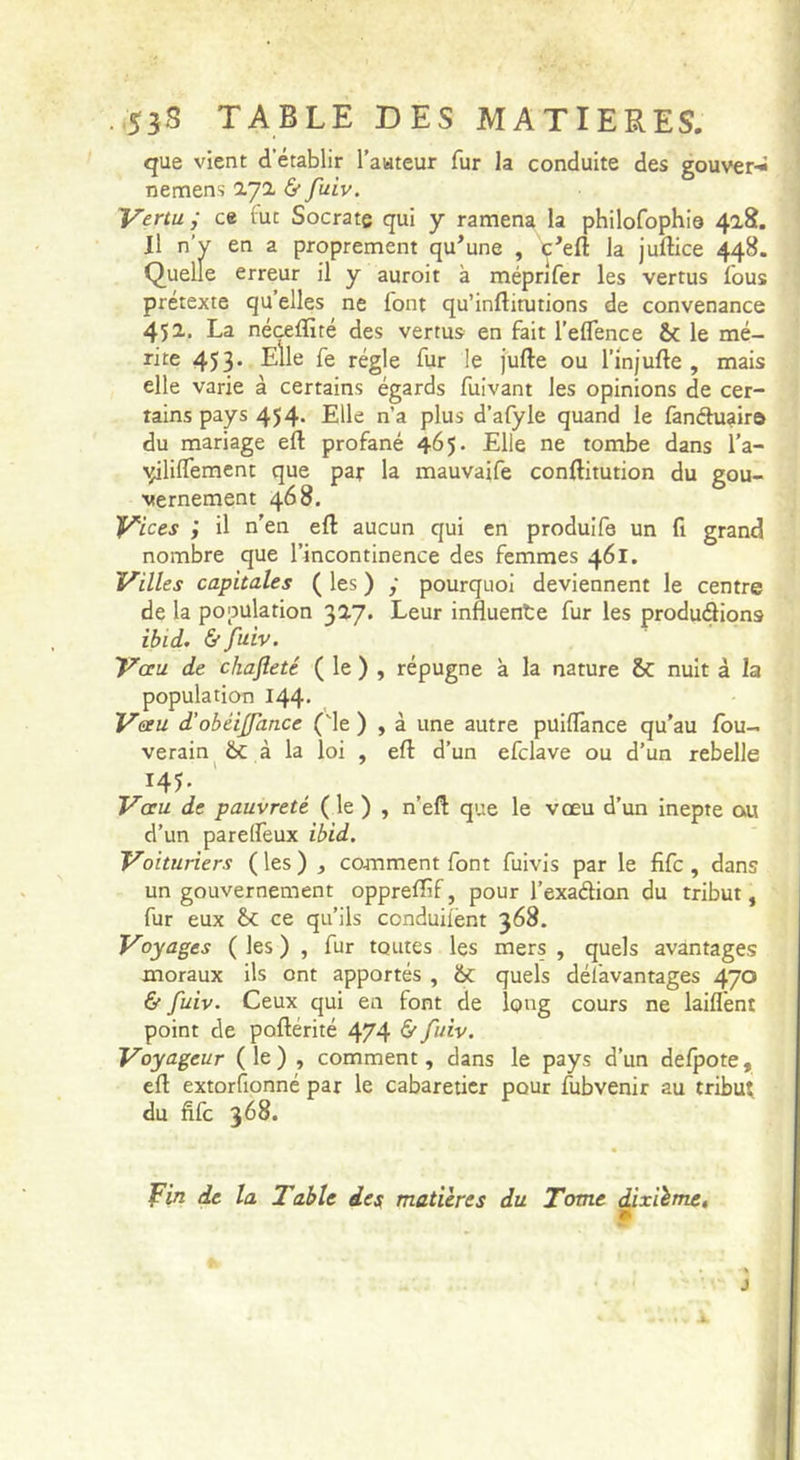 .53S TABLE DES MATIERES. que vient d’établir l’auteur fur la conduite des gouver-i nemens 17^ ^ Vertu ; ce (ut Socrate qui y ramena la philofophia 418. Il n'y en a proprement qu’une , c’eft la juftice 448. Quelle erreur il y auroit à méprifer les vertus fous prétexte qu elles ne font qu’inftitutions de convenance 452. La né«flité des vertus en fait l’elTence Sc le mé- rite 453. Elle fe régie fur le jufte ou l’injurte , mais elle varie à certains égards fuivant les opinions de cer- tains pays 454* Elle n’a plus d’afyle quand le fanftuairo du mariage eft profané 465. Elle ne tombe dans l’a- yilifTement que par la mauvaife conftitution du gou- vernement 468. Vices ; il n'en eft aucun qui en produife un fi grand nombre que l’incontinence des femmes 461. Villes capitales ( les ) ; pourquoi deviennent le centre de la population 327. Leur influente fur les produdions ibid. &amp; fuiv. Vceu de chafieté ( le ) , répugne à la nature Sc nuit à la population 144' Veeu d'obéijfance (de ) , à une autre puiflance qu’au Ibu- verain 6c à la loi , eft d’un efclave ou d’un rebelle 145» Vceu de pauvreté ( le ) , n’eft que le vœu d’un inepte au d’un parelfeux ibid. Voituriers ( les ) , comment font fuivis par le fifc, dans un gouvernement oppreftîf, pour l’exadion du tribut, fur eux &amp;C ce qu’ils conduiiènt 368. Voyages ( les ) , fur toutes les mers , quels avantages moraux ils ont apportés , 6c quels défavantages 470 &amp; fuiv. Ceux qui en font de long cours ne laifl'ent point de poftérité 474 ^ fuiv. Voyageur (le) , comment, dans le pays d’un delpote, eft extorfionné par le cabareticr pour fubvenir au tribut du fifc 368. fin de la Table des matières du Tome ^ixième. J