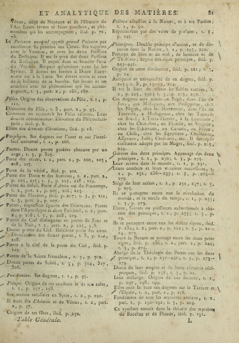 ^énus, siège de Neptune et de l’élérrent de Prières adreffées à la Nature, et à ses Parties, l’Air. Leurs levers et leurs couchers, et phé- t. i , p. 90. nomènes qui les accompagnent, ibid. p. 73, Représentées par des vates de p-rfum;, t. 3 > 73. p. 245- Le Poisson austral appelé grand Poisson par t> - • 11 ' • • n • 1 i- 1, „ v . . rr O I -tPruicipes. Double principe d union, et de dis- excellence. Sa position aux Cieux. oes rapports / î ■ 1 x’ ^ , * , J u n' coidc dans la JNiture, t. i, p. lO't , 2CO. avec le Verseau, et avec les deux Pontons n ■ j l- i i j i 1 jryj. ,, , . , , 1, /T Principe de bien et de mal , de minière et de du Z-oduique. II est le pere des deux Paillons ^ , , . ’ . . , 1 V ^ Il • ‘ J U U i> iei.e_res: dotrme des aeax principes, ibid. p. du Zioaiaque. Il reçoit dans sa boucne l eau ' ’ » r r > r çla /erieau. llespect qii avoient ^lour lui les- Syriens. Il donna ses formes à Diane Eury- nome ou à la I.une. Ses divers noms et ceux de la brillante de sa bouche. Ses levers tt ses couchers avec les phénomènes qui les accom- pegne.-rt, t. 3, part. 2 , p. 186, 187. Pâles. Origine des observations du Pôle , t. i , p. III. Déiinition du Pôle, t. 3 , part. 2, p. 95. Comment on rcccnncît les Pôles célestes. Leur douüle ùenoniinatioi.. Elévation du Pôle ou lati- tude , ibid. p. 6. Efieis des diverses élévations, ibid. p. i5. ^ Porphyre. Ses dogmes sur l’aine et sur l’intel- ^ ■ lect universel, t. i, p. 266. Origine de cette distinction, ibid. p. 221 ; t. 3,' P- Antiquité et univeisalité de ce dogme, ibid. p, 225 ; t. 3 , p. 15-19, 204. Il est la base de toutes les fables sacrées , t. I , p. 225 , 392 ; t. 3 , p. 25, 297. Ces dogmes sont admis ..u Pegû , dans Pile de Java, aux rdoluqucs, aux Fnilippir.es, ch.z les Nègres, cher le> llottentots, dan. Pile de Ténériiîe, à Madagascar, che2 les Tapuyes au Brésil, à l'erra-Fienne, à la Louisiane, chez les Chur.ibes, en Floride, en Virginie, chez les Estunaux, au Canada, au Pérou, au Chili, chez les Egyptiens , Chaldée.is , AlTyrieiis , Juifs, Chréaer.s, etc., 11 fut spé- cialement adopté par les Mages, ibid. p. 225 , , Portes. Douze portes gardées chacune par un ' ange, t. 3, p. 305. Guerres des deux principes. Appanage des deux \ 200, 203, principes, t. i, p. 230; t. 3, p. 275. Leur action dans le monde, t. i, p. 23t. ^✓'Leurs combats et leurs victoires succefiîves, t. i, p. 232, 236—239; t. 3, p. 274— 279. . Siège de leur action, t. i, p. 232, 237; t. 3, p. 273. Ils se pirtagent entre eux la révolution du monde, et le cercle du temps, t. i, p. 233; t. 3 , p. 273. Dieux, Génies ou puiirances subordonnés à cha- cun des principes, t. 1 , p. 233; t. 3 , p. 19. Ils se partagent entre eux les douze signes, ibid.' p. 234; t. 2, part. 2 , p. 221 ; t. 3 , p. 21-- i 2/3* Tome ia Nature se partage entre les deux prin- cipes, ibid. p. 236; t. 2, part. 2, p. 244; t. 3 , p. 274. ✓ Porte des ara es, t. 2, part. 2, p. 200, 203, ’ piincipto, i. 1, ji. p. . ' 208, 215. Leur action dans le monde, t. i, p. , \ p- Porte de la vérité, ibid. p. 2or. Porte des Dieux et des hommes, t. 2, part. 2, ^ p. 203 , 2ip t. 3 , p. 225, 228 , 229. ^Portes du Soleil. Porte A’.Aries ou du Piiiitemps, t. 2 , part. 2 , p. 205 , 206 i 213. ^Porte des Planètes, ibid. p. 2C7; t. 3, p. 211; r. 3 , part. 2, p. 207. Portes, exprelTion figurée des Orient.lux. Portes dans l’Apocalypse ce dans Ezéchiel, t. 2, part. 2 , p. 208 ; t, 3 , p. 228 , 229. Portes du Ciel distinguées en portes du Jour et de la Nuit, t. 2, part. 3, p. 223, 2,8. ^ Douze p 'rtes du Ciel. Huitième porte des aines. Di îtnbuàon des douze portes,* t. 3, p. 2.2, 228. ^ Pierre a la clef de la porte du Ciel , ibid. p. , A.brégé de la Théologie des Perses sur les deux > y' ortes de la Sainte Jérusalem, t. 3 , p. 3C2. y principes, t. i, p. 237--240; t. 3, p. 273-- \ Douze portes du Soleil, t. j , p. 304, 817 , 326. Posidonius. Ses dogmes, t. i ,, p, 93. Priape. Origine de ses attributs et de soa culte, t. I , p. 137 , 138. Ses statues cololTales en Syrie, t. 2 , p. 220. Il etoit fils d’Adonis et de Vénus, t. 2, part. 2, P- 57- Origine de ses fêtes, Ibid. p. 253, Table Gén craie. ^79' Durée de leur empire et de leurs victoires réci- proques, ibid. p. 258; t. 3 , p. 21. Leur iT.élange. Origine de ces fictions, t. i p. 297, 298, 299. Elles sont la base des dogmes sur le Tartare et ' \ / l’Elysée, t. 2, part. 2, p. 136. ' Fondement de tous les mystères anciens , t. 2, par;. 2, p. 190—192; t. 3, p. 204. Ce système entroit dans ia théorie des mystère# de Bacchttj et de Phanès, ibid. p, 191. 1