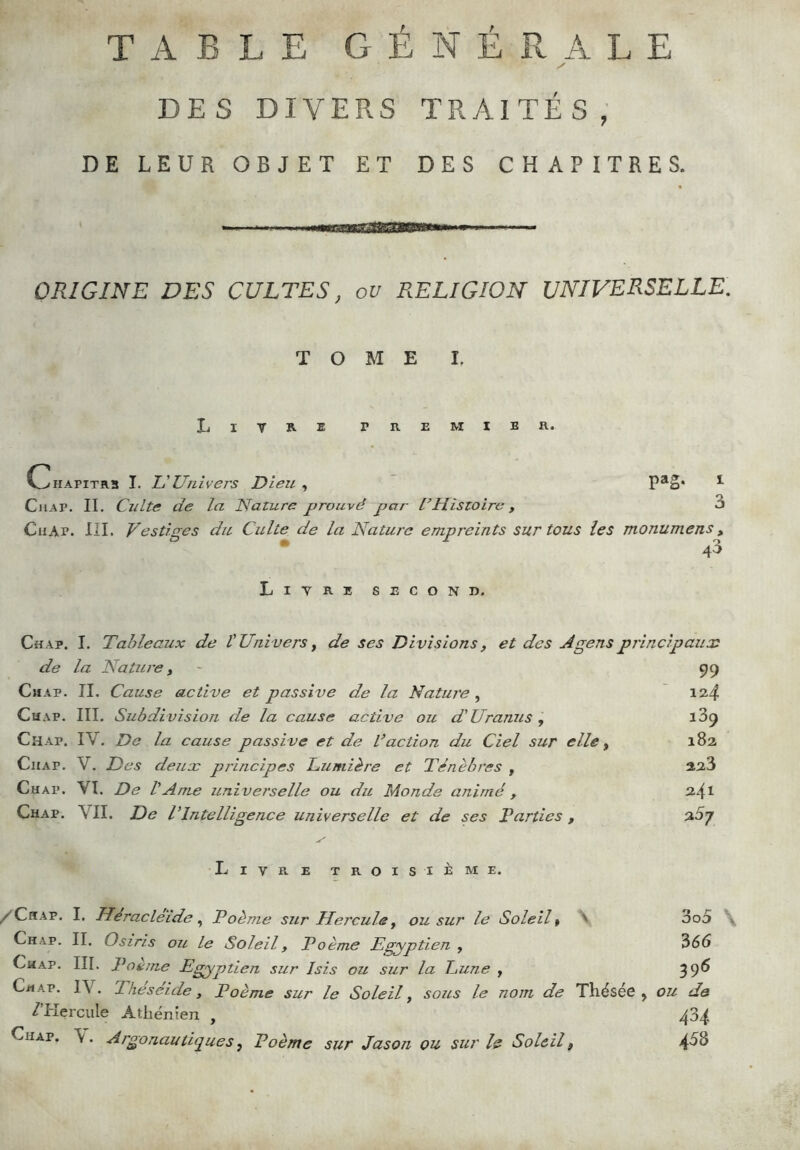 y DES DIVERS TRAITÉS, DE LEUR OBJET ET DES CHAPITRES. ORIGINE DES CULTES, ou RELIGION UNIVERSELLE. TOME I. Livre premier. Chapitre I. U Univers Dieu , ' *• Chap. il Culte de la Nature prouvé par CHistoire , 3 CuAP. 111. Vestiges du. Culte de la Nature empreints sur tous les monumens, • 43 Livre seconh. Chap. L Tableaux de l'Univers j de ses Divisions, et des A gens piincipaux de la Nature y - 99 Chap. II. Cause active et passive de la Nature , 124 Chap. III. Subdi vision de la cause active ou d'Uranus ÿ ibÿ Ch AP. IV. De la cause passive et de L’action du Ciel sur elle y 182 Chap. V. Des deux pi'incipes Lumière et Ténèbres , 223 Chap. VI. De l'Ame universelle ou du Monde animé y 241 Chap. VII. De l’Intelligence universelle et de ses Parties , Livre troisième. /Chap. I. Héracleïde ^ Poème sur Hercule y ou sur le Soleil y \ 3o5 \ Chap. II. Osiris ou le Soleil, Poème Egyptien , 366 Chap. III. Poème Egyptien sur Isis ou sur la Lune , 39^ Chap. IV. Theséide, Poème sur le Soleil y sous le nom de Thésée, ou de /'Hercule Athénien , 434. Chap. V. Argonautiques y Poème sur Jason ou sur le Soleil y