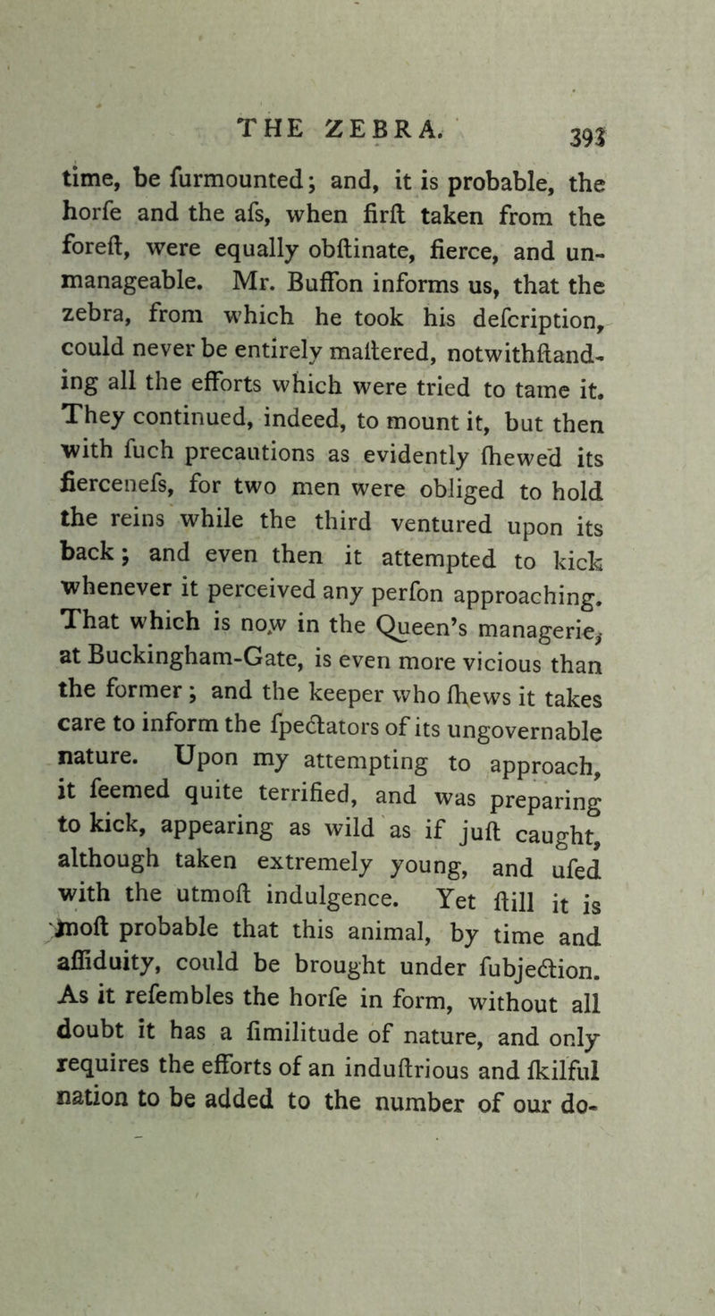 time, be furmounted; and, it is probable, the horfe and the afs, when firft taken from the foreft, were equally obftinate, fierce, and un- manageable. Mr. Buffon informs us, that the zebra, from which he took his defcription, could never be entirely mallered, notwithftand- ing all the efforts which were tried to tame it. They continued, indeed, to mount it, but then with fuch precautions as evidently (hewed its fiercenefs, for two men were obliged to hold the reins while the third ventured upon its back; and even then it attempted to kick whenever it perceived any perfon approaching. That which is no,w in the Queen’s managerie, at Buckingham-Gate, is even more vicious than the former ; and the keeper who (hews it takes care to inform the (peculators of its ungovernable nature. Upon my attempting to approach, it feemed quite terrified, and was preparing to kick, appearing as wild as if juft caught, although taken extremely young, and ufed with the utmoft indulgence. Yet ftill it is Jnoft probable that this animal, by time and affiduity, could be brought under fubje&ion. As it refembles the horfe in form, without all doubt it has a fimilitude of nature, and only requires the efforts of an induftrious and fkilful nation to be added to the number of our do-