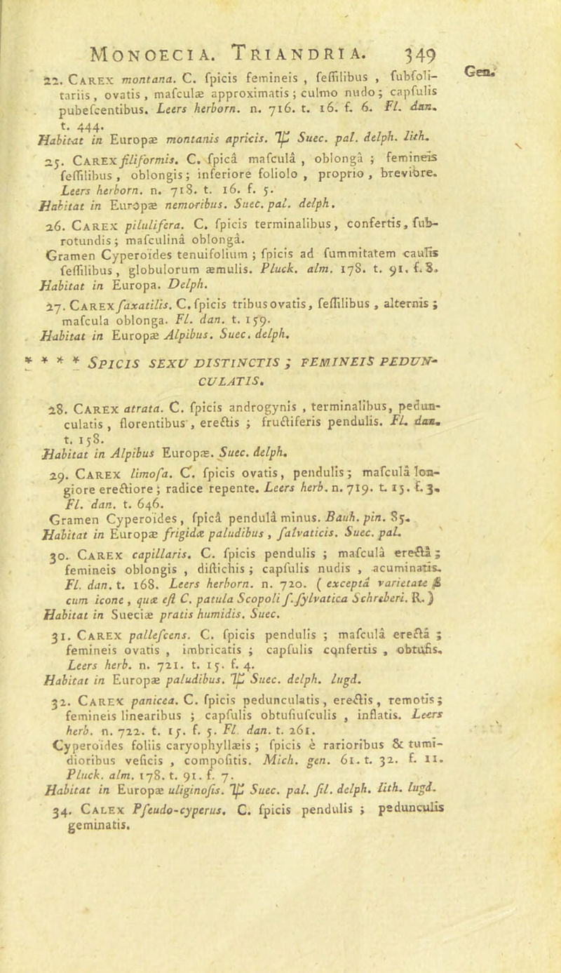 Gen«' 22. Carex montana. C. fpicis femineis , feffilibus , fubfoli- tariis , ovatis , mafculæ approximatis ; cultno mulo; capfulis pubefcentibus. Leers herborn. n. 716. t. 16. f, 6. FL dan, t. 444. Habitat in Europse montanis apricis. Tp Suec. pal. delph. luh, 25. CA.KEXJîliformis. C. fpicâ mafculâ , oblongâ ; femineis fenfilibus , oblongis ; inferiore foliolo , proprio , brevibre. Leers herborn, n. 718. t. 16. f. 5. Jitthitat in EiirOpæ nemoribus. Suec. pal. delph. 26. Carex pilulifera. C. fpicis terminalibus, confettis, fub- rotundis ; mafculinâ oblongâ. Gramen Cyperoïdes tenuifoliiim ; fpicis ad fummitatem cauTïs feflilibus, globulorum æmulis. Pluck. alm. 178. t. 91. f. 8. Habitat in Europa. Delph. 27. CarexfaxatUis. C. fpicis tribusovatis, feflilibus , alternis ; mafcula oblongâ. FL dan. t. 159. Habitat in Europæ Alpibus. Suec, delph, * * * SpICIS SEXU DISTINCTIS ; femineis PEDUN- CVLATIS. 28. Carex atrata. C. fpicis androgynis , terminalibus, pedun- culatis , florentibus , ereftis ; fruftiferis pendulis. FL dan, t. 158. Habitat in Alpibus Europcs. Suec. delph, 29. Carex limofa. C. fpicis ovatis, pendulis; mafculâ loa- giore ereftiore ; radice repente. Leers herb. n. 719. t. i j. E 3« Fl. dan. t. 646. Gramen Cyperoïdes , fpicâ pendulâ minus. Bauh. pin. 8y. Habitat in Europæ frigidx paludibus , falvaticis. Suec. pal. ' 30. Carex capillaris. C. fpicis pendulis ; mafculâ ere^Vâ ; femineis oblongis , diftichis ; capfulis nudis , acuminaîis. FL dan.t. 168. Leers herborn. n. 720. (excepta varietate fi cum icône , qux eft. C. patula Scopoli f.fylvatica Schreberi. R.} Habitat in Sueciæ pratis humidis. Suec. 31. Carex pallefcens. C. fpicis pendulis ; mafculâ ereftâ ; femineis ovatis , imbricatis ; capfulis cqnfertis , obtufis. Leers herb. n. 721. t. ij. f. 4. Habitat in Europæ paludibus, Tp Suec. delph. lugd. 32. Carex panicea.C. fpicis pedunculatis, erefïis, remotîs; femineis linearibus ; capfulis obtufiufculis , inflatis. Leeri herb. n. 722. t. ly. f. j. Fl. dan. t. 261. Cyperoïdes foliis caryophyllæis ; fpicis è rarioribus &amp; turaî- dioribus veficis , compofltis. Midi. gen. 61. t. 32. f. n. Pluck. alm. 178. t. 91. f. 7. Habitat in Europæ uliginofis. ip Suec. pal. fil. delph. üth. lugd. 34, Calex Pfieudo-cyperus, C. fpicis pendulis ; psdunculis gemijiatis.