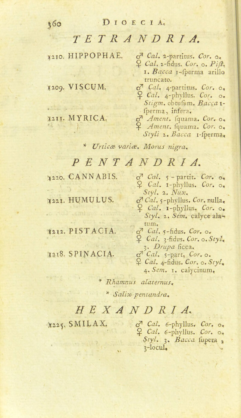 TETRANDRIA. Ï2Ï0. HIPPOPHAE. 1209. VISCUM. ,1211. MYRICA. Cal, 2-partitus. Cor. o, Ç Cal, z-fidus. Cor. o. Pifl, I. Bucca i-{perma arillo truncato. Cal, 4-partitus. Cor. o, Ç Cal. 4-phyllus. Cor. o. Stigm. obtuftm. B.acçai- (perma, inféra. cP* Ornent, fquama. Cor, o» Ç Ameiit. fquama. Cor. o, Styli Z, Bacca i-fperma. * Urticœ. varies. Morus nigra. PENTANDRIA, CANNABIS. ;i2ai. HUMULUS. PISTACIA. SPINACIA. cP* Ciil. 5 - partit. Cor, o* $ Cal. i-phyllus. Cor. o, Styl. 2. Nux, cP Cal. 5-phyllus. Cor. nulla, Ç Cal, i-phyllus. Cor, o, Styl. Z. Sém, calyce aia-> tum. cf Cal, 5-fidus. Cor. o, Ç Cal, 3-fidus. Cor. o. Styl^ 3. Drapa fîcca. cP Cal, 5-part, Cor, o. $ Cal. 4-fidus. Cor. o. Styl^ Sem. I. calycinum, * Rhamnus alatemus. * Salix pentandra, HEXANDRI A. [X225, s MIL A X. cP Cal. 6-phyllus. Cor. o, Ç Cal. 6-phyllus. Cor. o, $tyl. 3. Bacca fupeca y 3-loculi