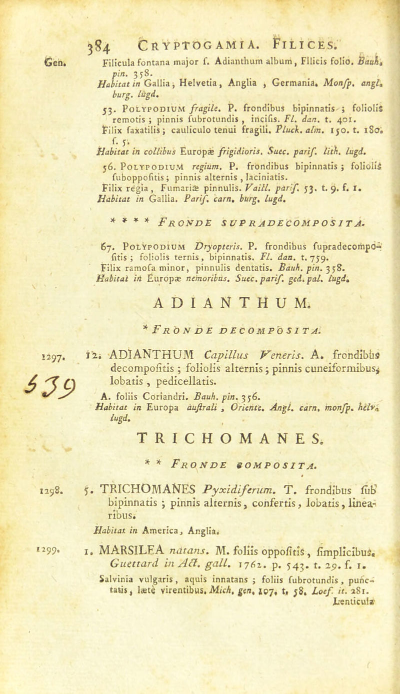 384 CRŸPTOGAMIA. FiLICESi' Gen, Filicula fontana major f. Adianthum album, Fllicis folio. Bau%t pin. 3j8. /ffli/rar//I Gallia j Helvetia, Anglia , Germania, Monfp, angl, burg. lùgd. 53. PoLypodium fragile. P. frondibus bipinnatis ; foliollè remotis ; pinnis fubrotundis , incifis. FL. dan. t. 401. Filix faxatilis; cauliculo tenui fragili. Pluck.alm. 150. t. iSo; f. y. Habitat in collibus Europæ frigîdioris. Suec. parif. lith. lugi. 56. PolypodiuM regium, P. frondibus bipinnatis ; folloliâ fuboppofitis ; pinnis alternis , laciniatis. Filix régia , FumariS pinnulis. Vaitl. parif. 53. t. 9. f. r. Habitat in Gallia. Parif. carn, burg, lugd, * * * * Fronde supradecompositÂ- 67. PotYPODtUM Dryopteris. P. frondibus fupradecomp6= fitis ; foliolis ternis, bipinnatis. FL dan. t. 75:9. Filix ramofa minor, pinnulis dentatis. £auh, pin. Habitai ià Éuropæ nemoribüs. Suec. parif. ged. pal. lugdt ADIANTHUM. * Fronde d ec oup'o s i t a. ili -ADIANTHUM Capillus Venerls. A, frondibbs decompofitis ; foliolis alternis 3 pinnis cuneiformibus^ lobatis , pedicellatis. A. foliis Coriandri. Bauh, pin. 356. Habitat in Europa àujirali, Oriente. Angl. càrn, monfp. hüvi. lugd. TRICHOMANES. * * Fronde somposita. I 1198. TPxICHOMANES PyxîdiferiLTn. T. frondibus fîil) bipinnatis j pinnis alternis, confertis, lobatis, linea-' ribus. Habitat in America, Anglia. *^99 I. MARSILEA ndtans. M. foins oppo/îtîs , fmplîcibuà* Guettard in Acl. galL. lytîz. p. 54^. t. 29. f. i. Salvinia vulgaris, aquis innatans ; foliis fubrotundis , puric- taiis, l«tè virentibus, Af/cA. gen. *07, t. 38. Loef it. 281. X.'enticuia' r
