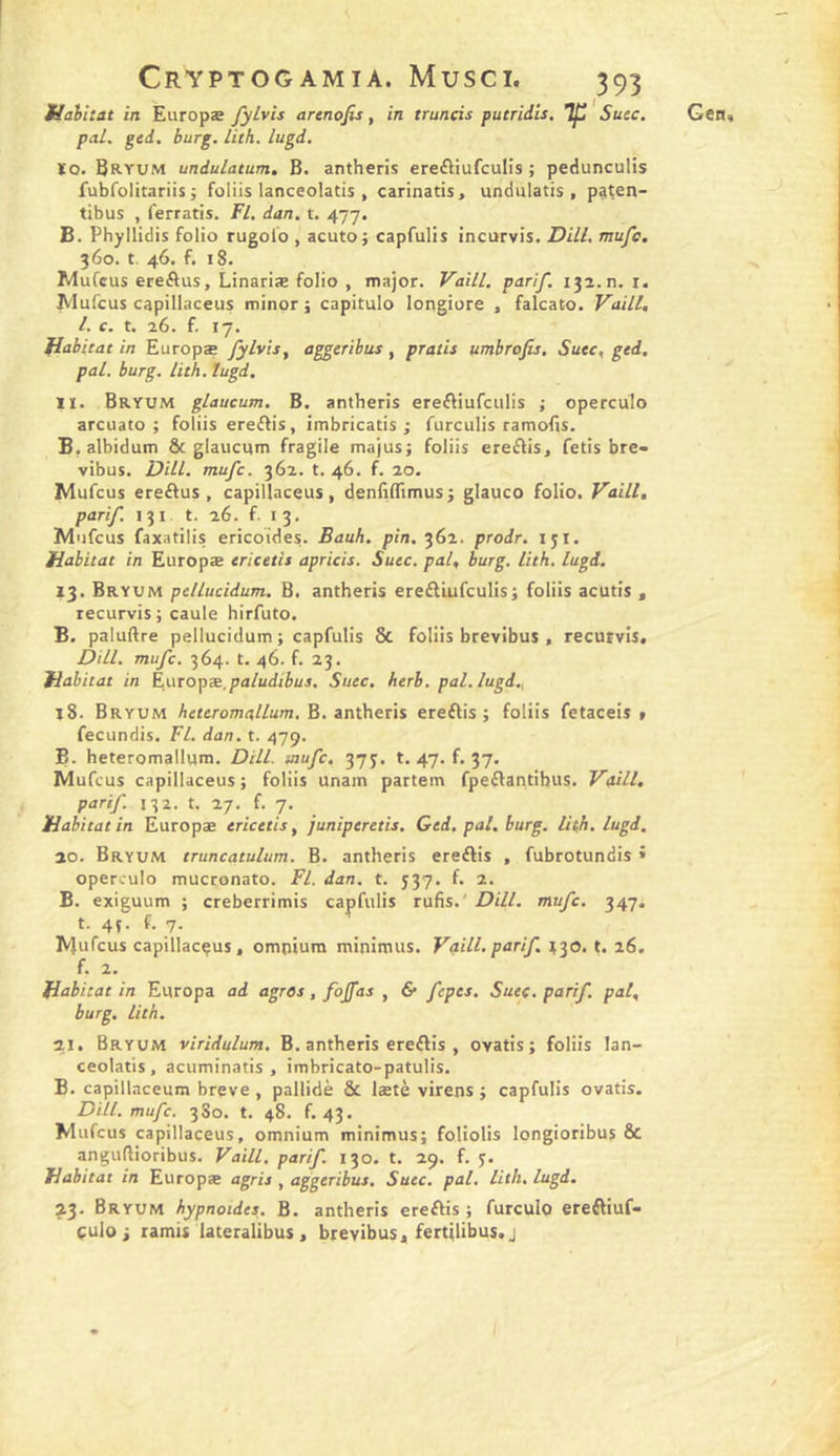 Gen Kailtat in Europæ fyLvis arenofis, in truncis putridis. Tp'Succ. pal, ged. burg. lith. lugd, XQ. BR-VUM undulatum, B. antheris ereftiufculis ; pedunculis fubfolitariis ; foliis lanceolatis , carinatis, undulatis , p^tcn- tibus , ferratis. ¥1. dan. t. 477. B. Phyllidis folio rugolo , acutoj capfulis incorvis. Dill. mufc. 360. t. 46. f. 18. Mufcus ereâus, Linariæ folio , major. Vaill. parif. 132.11. i. Mufcus capillaceus minor j capitulo longiore , falcato. Vaill, l. c. t. 26. f. 17. fiabieac in Europæ /ÿlvis, aggerihus, pratis umbrofis. Suce, ged, pal. burg. lith. lugd. II. Bryum glaucum. B. antheris ereftiufeulis ; operculo arcuato ; foliis ereffis, imbricatis ; furculis ramofis. B. albidum &amp; glaucum fragile majus; foliis ereflis, fetis bre- vibus. Dill. mufc. 362. t. 46. f. 20, Mufeus ereéfus , capillaceus, denlillimus; glauco folio. Vaill, parif, I 3 I t. 26. f. I 3. Mufeus faxatilis ericoides. Bauh. pin. 362. prodr. 151. Habitat in Europæ cricetis apricis. Suce, pal, burg. lith. lugd. 13. Bryum pellucidum. B. antheris eredfuifculis j foliis acutis , recurvis; caule hirfuto. B. paluftre pellucidum ; capfulis &amp; foliis brevibus , recurvis. Dill. mufc. 364. t. 46. f. 23. Habitat in Europæ,paludibus. Suec, herh. pal. lugd., l8. Bryum heuromallum. B. antheris ereftis ; foliis fetaceis t fecundis. Fl. dan. t. 479. B. heteromallum. Dill. mufc. 373. t. 47. f. 37. Mufeus capillaceus ; foliis unain partem fpeftantibus. Vaill. parif. 132. t. 27. f. 7. Habitat in Europæ cricetis, juniperetis, Ged. pal, burg. liih, lugd, 20. Bryum truncatulum. B. antheris ereftis , fubrotundis » operculo mucronato. Fl. dan, t. 537. f. 2. B. exiguum ; creberrimis capfulis rufis.' Dill. mufc. 347. t- 4f- f- 7- Mufeus capillacçus, ompiura minimus. VaM-parif. 130. t. 26. f. 2. Habitat in Europa ad agros, fojfas , &amp; fepes. Suec, parif. pal, burg. lith. 21. Bryum viridulum. B. antheris ereflis , ovatis; foliis lan- ceolatis , acuminatis , imbricato-patulis. B. capillaceum brève , pallidè &amp; lætè virens ; capfulis ovatis. Dill. mufc. 3S0. t. 48. f. 43. Mufeus capillaceus, omnium minimus; foliolis longioribus &amp; angudioribus. Vaill. parif. 130. t. 29. f, y. Habitat in Europæ agris , aggeribus, Suec. pal. lith, lugd. 23. Bryum hypnoides. B. antheris ereflis ; furculo ereftiuf- culo; lamis lateralibus. brevibus, fertilibus.j