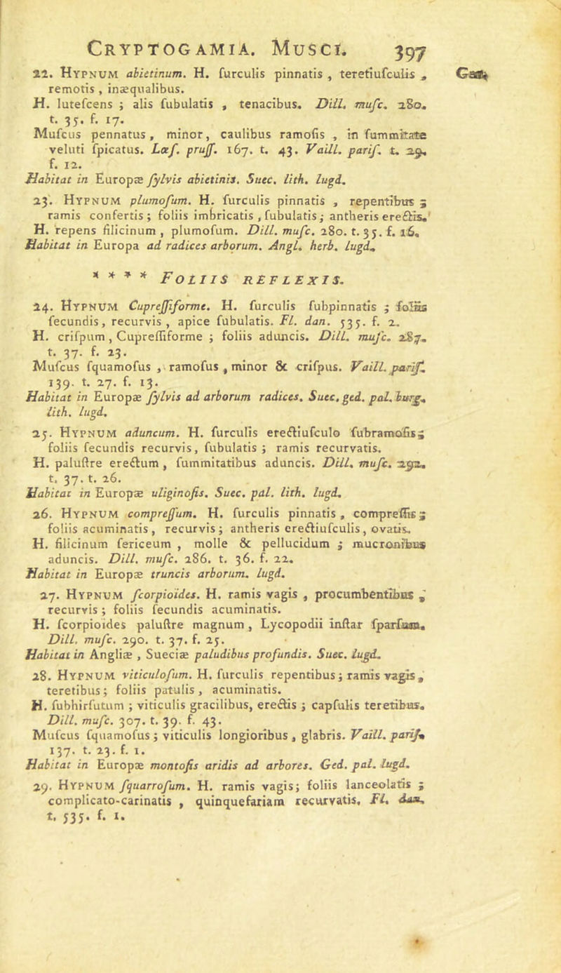 îî. Hypnum abictinum. H. furculis pinnatis , teretiufculis , remotis , inaequalibus. H. lutefcens ; alis fubulatls , tenacibus. Diil, mufc, 2S0. Mufcus pennatus, minor, caulibus ramofis , in fummcata veliiti fpicatus. Locf. prujf. 167. t. 43. Vaül. parif. t. 3.ÿ, 23. Hypnum plumofum. H. furculis pinnatis , repentîbire ; ramis confettis; foliis imbricatis , fubulatis,- antheris ereûis.' H. repens Aliciniim , plumofum. DHL. mufc, 280. t. 35. f. 16, * * * * Foliis reflexis. 24. Hypnum CupreJJiformt, H. furculis fubpinnatis ; foISs fecundis, recurvis , apice fubulatis. FL. dan. 535. f. x. H. crifpum, Cuprefliforme ; foliis adujicis. DHL mufc. 2:87, t. 37. f. 23. IVlufcus fquamofus ramofus , minor 8t crifpus. Vaitl. parif, Habitat in Europæ fylvis ad arborum radiées, Suec, ged. pal, bur^, 25. Hypnum aduncum. H. furculis ereftiufeulo fubramofiss foliis fecundis recurvis, fubulatis ; ramis recurvatis. H. paluflre ereflum , fummitatibus aduncis. DHL, mufc, 2.^0. t. 37. t. 26. Habitai in Europæ uHginofis, Suec, pal. lith, lugd. 26. Hypnum comprejjum. H. furculis pinnatis, compreffis; foliis acuminatis, recurvis; antheris ereftiufeulis, ovatis. H. filicinum fericeum , molle &amp; pellucidum i mucrûnfku» aduncis. DHL mufc. 286. t. 36. f. 22. Habitat in Europæ truncis arborum. lugd. 27. Hypnum feorpioïdes. H. ramis vagis , procumbentîbns ^ recurvis ; foliis fecundis acuminatis. H. feorpioides paluftre magnum , Lycopodii inftar fparfaan. DHL mufc. 290. t. 37. f. 2y. Habitat in Angliæ , Sueciæ paludibus profundis. Suec. lu^d. 28. Hypnum viticulofum. H. (ütculis repentibus; ramis vagis, teretibus; foliis patulis, acuminatis. M. fubhirfutum ; viticulis gracilibus, ereftis ; capfuHs teretibms. DHL mufc. 307. t. 39. f. 43. Mufcus fquamofus ; viticulis longiorîbus , glabris. Vaïll. par^m 137. t. 23. f. I. Habitat in Europæ montofis aridis ad arbores. Ged. pal. lugd. 29. Hypnum fquarrofum. H. ramis vagis; foliis lanceolatîs ; complicato-carinatis , quinquefariam recurvatis, FL dax, t. J35. f. I. Gadiÿ