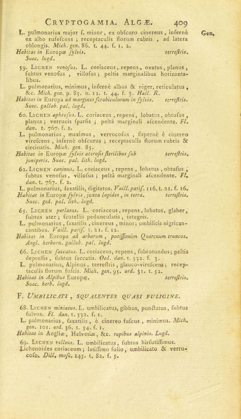 ex albo rufefcens ; receptaculis florum rubris , ad latera oblongis. Mich. gen. S6, t. 44. f. i. 2. Habitat in Europæ fylvis. terrejiris. jp. Lichen vtnofus. L. coriaceus, repens, ovatus, planus , fubtus venofus , villoRis ; peltis marginalibus horizonta- libus. L. pulmonarius, minimus, infernè albus &amp; niger, reticulatus , &amp;c. Mich. gen. p. Sy. n. 12. t. 44. f. 3. Hall. R. Habitat in Europa ad margines fcrobiculorum in fylvis. terrefiris, 60. Lichen aphtofns. L. coriaceus , repens, lobatus , obtufus , planus ; verrucis fparfis i peltâ marginal! afcendente. Fl, dan. t. 767. f. 1. L. pulmonarius , maximus , verrucofus , fupernè è cinereo virefcens , infernè obfcurus ; receptaculis florum rubris Sc circinatis. Mich. gen. 85. Habitat in Europæ fylvis acerofis flerilibus fub terrefiris, 62. Lichen caninus. L. coriaceus, repens , lobatus , obtufus fubtus venofus, villofus ; peltâ marginal! afcendente. Fl, dan. t. 767. f. 2. L. pulmonarius, faxatilis, digitatus. Vaill.parif. 116, t. 21- f. 16. Habitat in Europæ fylvis, juxta lapides , in terra. terrefiris, Suec. ged. pal. lith. lugd, 65. Lichen perlants. L. coriaceus , repens, lobatus, glaber, fubtus ater ; fcutellis pedunculatis , integris. L. pnlmonarius , faxatilis , cinereus , minor; umbilicis nigrican- cantibus. Vaill. parif. t. 21. f. 12. Habitat in Europa ail arborum , potijjimi'tm Qjiercuum truncos, Angl. herborn. gallob. pal. lugd. 66. Lichen faccatus. L. coriaceus, repens , fubrotundus; peltis depreffis , fubtus faccatis. Oed. dan. t. 532. f. 3. L. pulmonarius, Alpinus , terrefiris , glauco-virefcens ; recep- taculis florum fufcis. Mich, 5J. ord. 31. t. 52. Habitat in Alpibus Europai?. terrefiris. Suec. herb. lugd. F. UmBILICATI , SQUALENTES QUASI EULIGINE, 68. Lichen miniatus.L. umbilicatus, gibbus, punflatus, fubtus fulvus. Fl. dan. t. 5f32. f. i. L. pulmonarius, faxatilis, è cinereo fufcus , minimus. Mich. gen. loi. ord. 36. t. 54. f. I. Habitat in Angliæ, Helvetlæ, &amp;c. rupibus alpinis. Lugd. 69* Lichen velleus. L. umbilicatus, fubtus hirfutilTimus. Lichenoïdes coriaceum ; latifiimo folio, ujnbilicato &amp; vertu-; cofo. Dill, mufc. 145. t. Si. f. 5,