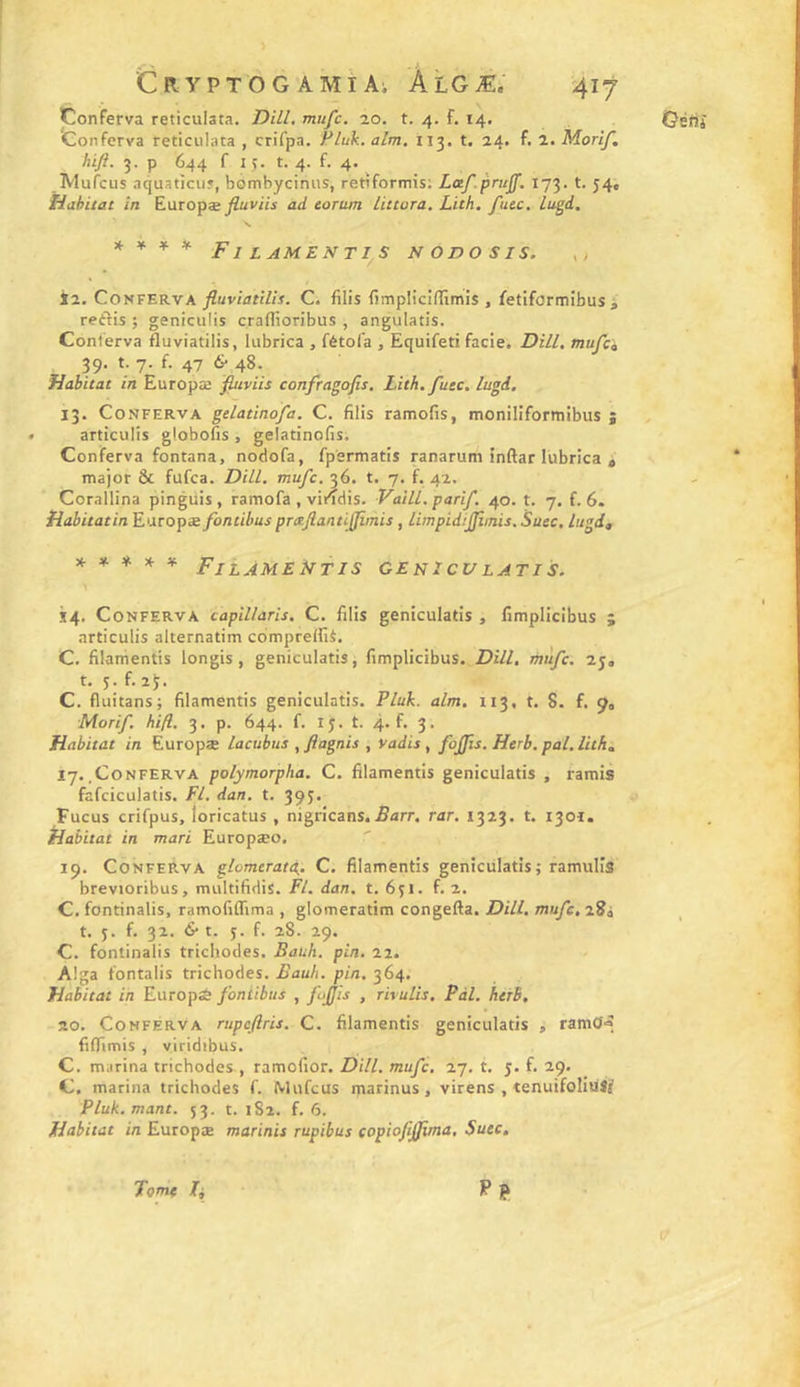 C R y P T O G A M î Ai À LG Æ; 417 Conferva reticulata. Dill. mufc. 10. t. 4. f. 14. Conferva reticulata , crifpa. Fluk. alm. 113. t. 24. f. 2. Morif, hift. 3. P 644 f I ?. t. 4. f. 4. Mufcus aquatîcu», bombycirius, retîformis: Lotf.prujf. 173. t. 54, * * * * FI L AME N TI S N ODO SIS. ,, ia. Conferva fluviatiUs. C. filis fimpliciffimis , fetiformibus i reftis ; geniculis craflioribus , angulatis. Conl'erva fluviatilis, lubrica , fétofa , Equifeti facie. Dill. mufc, 39. t. 7. f. 47 6-48. flahitat in Europæ fiuviis confragofis. Lith. futc. lugd. 13. Conferva gdatinofa. C. filis ramofis, moniliformibus j articulis globofis , gelatinofis. Conferva fontana, nodofa, fpsrmatis ranarum inftar lubrica , major &amp; fufca. Dill. mufc. 36. t. 7. f. 42. tiabitatin Europæ fontibus pmjlantijfimis , limpidijjîinis. Saec. lugd, * * * * * FilàmeFtis GENICULATIS. 14, Conferva capillaris. C. filis geniculatis , fimplicibus ; articulis alternatim comprelfiS. C. filamentis longis, geniculatis, fimplicibus. Dill. mùfc. 25, t, 5f.f.2î. C. fluitans; filamentis geniculatis. Pluk. alm. 113, t. 8. f. 9» Morif. hift.. 3. p. 644. f. IJ. t. 4. f. 3. Habitat in Europæ lacubus , ftagnis , vadis , fojjïs. Herb. pal. lith, 17..Conferva polymorpha. C. filamentis geniculatis , ramis fafciculatis. Fl. dan. t. 39J. Fucus crifpus, loricatus , nigricans.5arr. rar. 1323. t. 1301. iiabitat in mari Europæo, 19. Conferva glomtrata. C. filamentis geniculatis; ramulis’ brevioribus, multifidis. Fl. dan. t. 6ji. f. 2. C. fontinalis, ramofiflima , glomeratim congefia. Dill. mufc, 28, t. J. f. 32. 6* t. J. f. 28. 29. C. fontinalis trichodes. Bauh. pin. 22. A!ga fontalis trichodes. Bauh. pin. 364. Habitat ih Europé fontibus , fojfis , rivulis. Pàl. herB. 20. Conferva rupcftris. C. filamentis geniculatis , ramO-à fiflimis , viridibus. C. marina trichodes , ramofior. Dill. mufc. 27. t. j. f. 29. C. marina trichodes f. Mufcus rnarinus, virens , tenuifoliuS? Pluk. mant. 53. t. 1S2. f. 6. Habitat in Europæ marinis rupibus çopiofijjftma. Sutc, Tome 7; PF Gétii