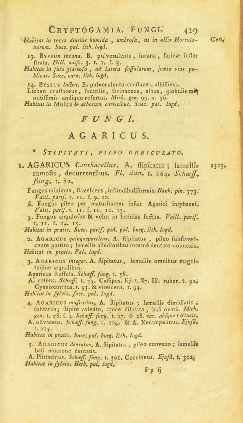 ilahit&amp;t in terra diutiàs humida , umbrofa, ut in cllis Honula- norum. Suec. pal. Uth. lugd, IJ. Byssus incana. B. pulverulenta , incana , farine inftar ftrata. DHL mnfc. 3. t. i. f, 3. Habitat in folo glareofo , ad lattra fojfularum, juxta vias p«- blicas, Suec. carn. lith. lugd. 14. Byssus laclea. B. pulvèrulento-cruftacea, albiffima. Lichen cruBaceus, faxatilis, farinaceus, albus, globulis nutinümis undique refertus. Mich. gen. 99. n. 56. Habitat in Mufcis &amp; arborum corticibus. Suec. pal. lugd, F U N G L A G A R I C U S. * StIPITATI , PILEO ORBICULATO, ramofis , decurrentibus. Fl. dan. t* z6/\, Schœff, fung, t. 82, Fungus minimus, flavefcens , infundibuliformis. Bauh. pin. 373, Vaill. parif. t. ii. f. 9. 10. Fungus pileo per maturitatem inflar Agarici întybaceî. Vaill. parif. t. ii. f. H. 12. 13. y. Fungus angulofus &amp; velut in lacinlas feftus. Vaill. parif, t. II. f. 14. ly. Habitat in pratis. Suec. parif. ged. pal. burg. Uth. lugd. 2. Agaricus quinquepartitus. A. ftipitatus , pileo fubflavef- cente partito ; lamellis albidioribus interne dentato-connexis. Habitat in pratis. Pal, lugd. 3. Agaricus integer. A. Bipitatus, lamcIIis omnibus magni« tudine æqualibus. Agaricus Rufl’ula. Schxff. fung. t. yS. A. rofeus. Schetff. t. yy. Caflipes. Ej. t. 87, 88. ruber. t, 92# Cyanoxanthus. t. 93. &amp; virefcens. t. 94. Habitat in fylvis. fuec. pal. lugd. 4. Agaricus mufcarius, A. flipitatus ; lamellis dimîdiatis ; foHtariisj Bipite volvato, apice dilatato , bafi ovatl. Mich, gen. t. 78. f. 2. Schtcff. fung. t. 27. &amp; 28. var. abfque verrucis, A. olîvaceus. Schtzff. fung. t. 204. &amp; A. Xerampelinus. Ejufd, t: 21 y. , Habitat in pratis. Suec, pal. burg. Uth. lugd. y. Agaricus dentatus. A. Bipitatus , pileo convexo ; lamellîÿ bafi mucrone dentatis. A. Pfittacinus. Schotff. fung. t. 301, Coccineus. Ejufd, t, 30*1 Habitat in fylvis, Herb, pal, lugd, Pp ij Gen^