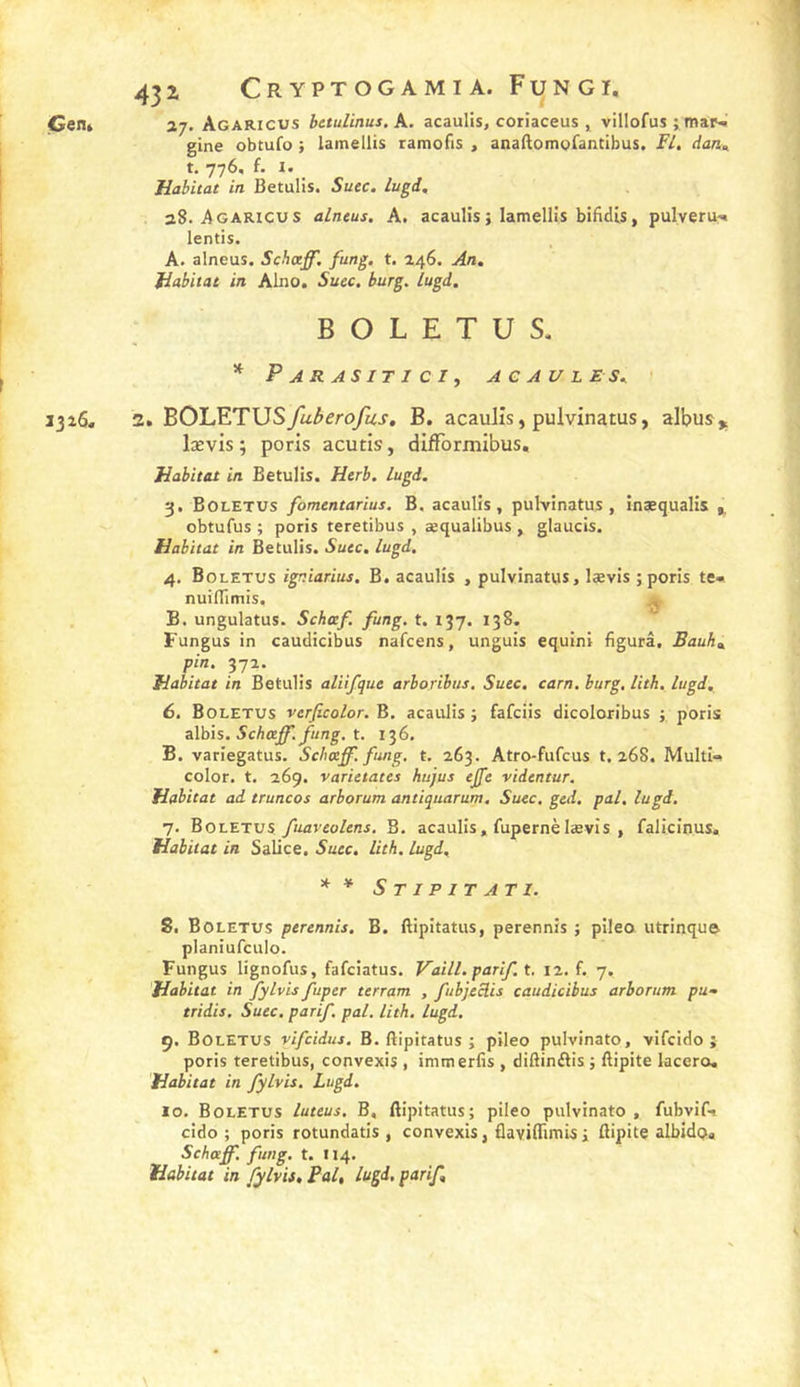 Çen» 27. Agaricus bctuUnus. k. acaulis, coriaceus , villofus ; mar-i gine obtufo ; lamellis ramofis , anaftomorantibus. Fl, dan„ t, 776. f. I. Habitat in Betulis. Suec. lugi, aS.kGAKicvs alneus, A. acaulis} lamellis bifidis, pulveru;^ lentis. A. alneus. Schocff, fung. t. 246. An, Habitat in Alno. Suec. burg. lugd. B O L E T U S, * P AR AS IT I C I ^ A e A U L E S, ' 1326, 2. 'B>OL.P,'T\JSfuberofus, B. acaulis, pulvinatus, albus, lævis ; poris acutis’, difformibus. Habitat in Betulis. Herb. lugd, 3, Boletus fomentarius. B, acaulis, pulvinatus, inaequalis ^ obtufus ; poris teretibus , aequalibus , glaucis. Habitat in Betulis. Suec, lugd, 4. Boletus igniarius, B. acaulis , pulvinatus, lævis ; poris te» nuilTimis. ^ , B. ungulatus. Schcef. fung. t. 137. 138. Fungus in caudicibus nafcens, unguis equini figurâ, Bauh„ pin. ^-ji. Habitat in Betulis aliifque arboribus. Suec, carn, burg, lith. lugd, 6. Boletus verficolor. B. acaulis ; fafciis dicoloribus j poris aVois. Schaff. fung. t. 136. B. variegatus. Schœff. fung, t. 263. Atro-fufcus t. 268. MultU color. t. 269. varietates hujus ejfe videntur. Habitat ad truncos arborum antiquarum, Suec. ged. pal, lugd. 7. Boletus fuaveolens. B. acaulis, fupernèlævis , falicinus. Habitat in Salice. Suec, lith. lugd, * * StIPIT ATI. 8. Boletus perennis. B. ftipitatus, perennîs ; pileo utrinque planiufculo. Fungus lignofus, fafciatus. Vaill. parif. t. 12. f. 7. Habitat in fylvis fuper terrant , fubjeclis caudicibus arborum. pu- tridis, Suec. parif, pal. lith. lugd. 9. Boletus vifcidus, B. ftipitatus ; pileo pulvinato, vifcido ; poris teretibus, convexis , immerfis , diftinftis j ftipite lacero. Habitat in fylvis. Lugd. 10. Boletus luteus. B, ftipitatus; pileo pulvinato , fubvif» cido ; poris rotundatis , convexis, flaviffimis i ftipite albidoa Schaff. fung. t. 114. Habitat in fylvis. Pal, lugd, parif.