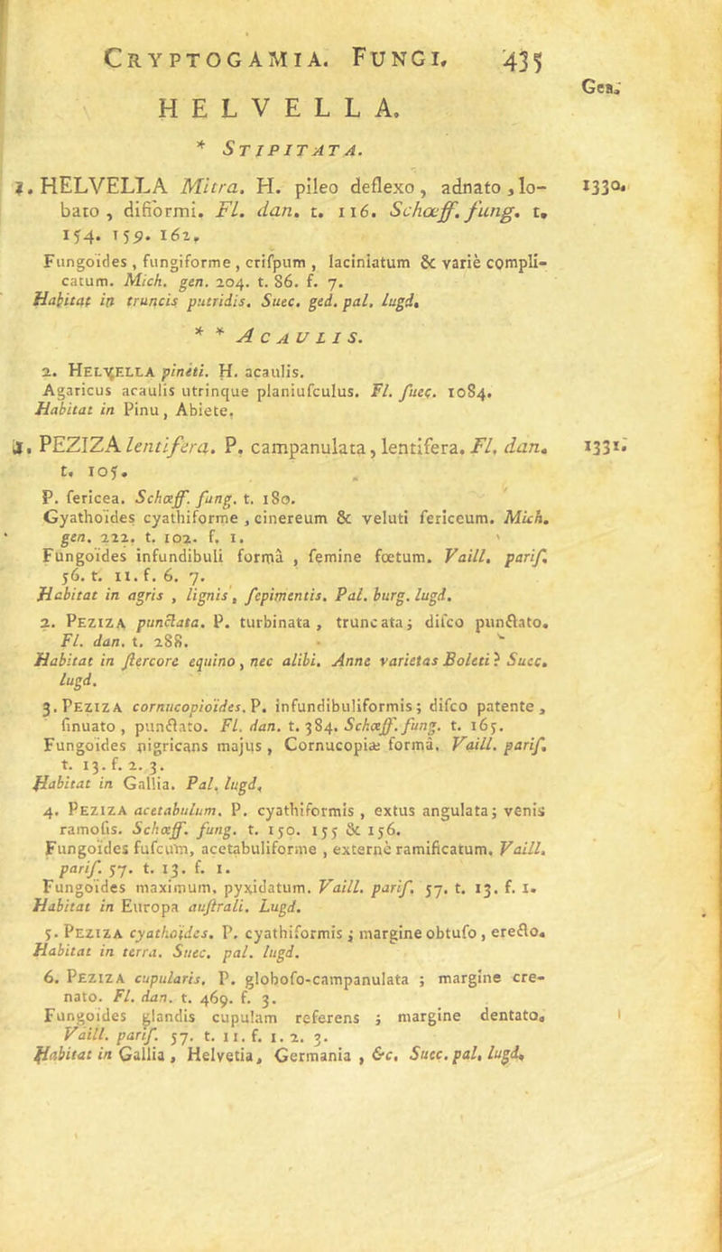 Gcbj HELVELLA. * St J PIT AT A. î. HELVELLA Mitra. H. pîleo deflexo, adnato,lo- *33°*' bato , difi'ormi. FL. dan. t. ii6. Schœff. fung. t, IÎ4. 155. 162, Fiingoïdes , fungiforme , crifpum , laciniatum &amp; varié conipli- cacum. Mich, gen. 204. t. 86. f. 7. Habitat in truncis putridis. Suec. ged. pal, Lugi, * * A C AU L I S. 2. Heltjella pinéti, H. acaulis. Agaricus acaulis utrinque planiufculus. Fl. fueç. 10S4. Habitat in Pinu, Abiete, ;i, PEZIZA lentifera. P. campanulata, lentifera. Fl, dan, 133*» t. 105. P. fericea. Schajff. fang, t, 180. Gyathoïdes cyathiforme , cinereum &amp; veluti fericeum. Mich, gen. 222. t. 102. f. I. ' Fungoïdes infundibuli forma , fçmine fœtum. Vaill. parif, 56. t. n. f. 6. 7. Habitat in agris , lignis, fepimtntis, Pal.hurg. lugd. 2. Peziza punclata. ]?. turbinata , truncataj difco punftato. Fl. dan, t. 288. • Habitat in fiercore equino , nec alibi. Anne varietas Boleti ? Suce, lugd. 3. Peziza cornucopioïdes.V. infundibuliformis ; difco patente, finuato , punflato. Fl. dan. t, ■^^4, Sckcejff'.fung, t. i6y, Fungoïdes pigricans majqs , Cornucopiæ forma. Vaill, parif, t. 13. f. 2. 3. Habitat in Gallia. Pal, lugd, 4. Peziza acttabulum. P. cyathiformis , extus angulata; venis ramofis. Schoiff. fung, t. 150. 155 &amp; ij6. Fungoïdes fufeuin, açetabuliforme , externe ramificatum. Vaill. parif 57. t. 13. f. I. Fungoïdes maximum, pyvdatum. Vaill. parif, 57. t. 13. f. i. Habitat in Europa aufirali. Lugd. 5. Peziza cyatho'idcs. P, cyathiformis i margine obtufo, ereflo» Habitat in terra. Suec. pal. lugd. 6. Peziza cupularis, P, globofo-campanulata ; margine cre- nato. Fl, dan. t. 469. f. 3. Fungoïdes ^landis cupulam referons j margine dentato, 1 Vaill. parif. 57. t. ii. f. i. 2. 3. habitat in , Helvetia, Germania , fi'c. Suec, pal, lugd.