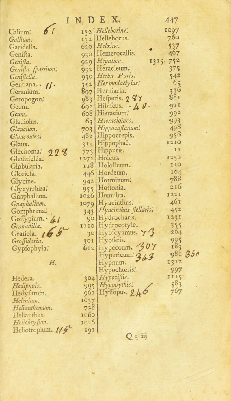 Calium.' Gallium. Garidella. Genifta. Genijla. Genifla fpartium '. Gmïjlella, Gentiana. ‘ ff- Géranium. Geropogon,’ Geum. Gcum. Gladiolus.' Glaucium. Glaucdidesi Glaux. Glechoma,' 0 9 Gleditrchia. Globularia. Gloriofa. Glycine. Glycyrrhiza; Gnaphalium. Gnaphalium. Gomphrena.’ , Goflypium. * ^ / Granadilla, ^ Gratiola. Jf Grojfularîa. Gypfophyla; H. Hedera. Hedïpnois. Hedyfanim. Helenhim. Hdianthcmum. Helianthus. Helichryfum. Heliotropium.. 132 132 620 930 929 932 930 332 897 983 692 608 63 703 482 314 773 1272 118 446 942 Zll 1079 343 90 IIIO 30 301 ©12 304 995 961 1037 728 ic6o 10-6 191 Hdlehormé'. Helleborus. Helx'ine. ^ Kemerocallîs. Hepatica. *3^5 Heracleum. Herba Paris. Her modaBybisl Herniaria. Hefperis. 2 y Hibifcus. 0 • • Hieracium.’ Hïeracïoides. Hippocajlanuml Hippocrepis. Hippophaë. Hippuris. Holcus. Holofteum. Hordeum. Horminum' Hottonia.. Humulus. Hyacinthiis.’ Hyacinthus jîellarisl Hydrocharis. Hydrocotyle. Hyofcyamus. y Hyoleris. Hypecoum. Hypericum. IHypnum. Hypochœris,’. ‘ Hypocîjlis. Hypopythisl Hyffopus. 1097 760 537 467 , 732 375 542 336 881 911 992 993 498 938 1210 II 1232 110 104 788 216 1221 461 432 1231 ni 99$ 183 981 1312 997 583 767 Qq ii)