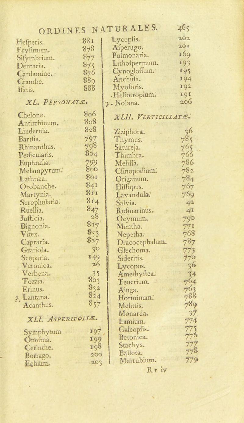O RD IN ES N AT UR A LE S. 46^ Hefpsrls. 881 Eryfimiira. 878 Silymbrium. 877 Dentarh. 875 Cardainine.. 876 Crambe. 889 llatis. 888 XL. Personatæ. Cholone. 806 Antirrhinum. 808 Lindernia. 8i8 Bartfia. 797 Rhinanthus. ^ 798 Pedicularis. 804 Euphrafia. 799 Melampyrum: 8od Lathræa. 801 Orobanche. 841 Martynia. 8n Scrophularla. 8r4 Ruelîia. 847 Jufticia. 2.8 Bignonia, 817 Vitex. 853 Caprarla. 827 Gratiola- 30 Scoparia. 149 Veronica. a6 Verbena» Tozzta. 803 Erinus. 832 Lantana. 824 Acanthus. 857 XLl. ÂSPERlFOirÆ. Sympbytum 197 Onofma. 199 Ccrlnthe. 198 Borrago. 2.00 Ecbiura. 203 Lycopfis. 202 Afperugo. 201 Pulmonarla. 169 Lithofpermum. 193 Cynogloffum. 195 Anchufa. 194 Myofotis. 192 . Helioiropium.' 191 . Nolana. 206 XLll. Verticillatæ: Ziziphora. 36 Thymus. 785 Satureja. 765 , Thlmbra. 766 Meliffa. 786 Clinopodium; 782 Origanum. 784 Hiflopus. 767 Lavandulai.' 769 Salvia. ^ 42 Rolmarinus. 41 Ocymum. 790 Mentha. 771 Nepetha. 768 Dracocephalum;. 787 Glechoma. 773 Sideritis. 770 Lycopus. 36 Amethyftea.; 34 T eucriutn. 764 A)Uga_. Horminum.' 788 Melittis. 789 Monarda. 37 Lamium- 774 Galeopfis* 11 \ 776 Bctonica. Stachys. 777 Ballota. 778 Marrubium. Rr iv 779 S