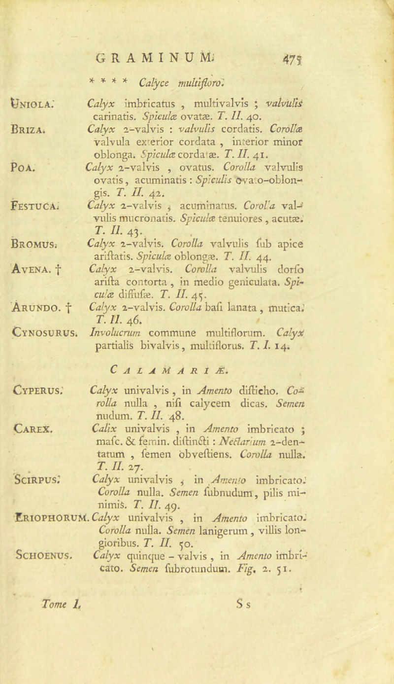 X- » * X- Calyce multlfloro'. Üniola; Briza. PoA. pESTUCAi BrOMUS; Avena. t 'Àrundo. t Cynosurus. Calyx îmbficatiis , multivalvîs ; valvuïis carinatis. Spïcula ovatæ. T. 11. 40. Calyx a-valvis : valvuïis cordatis. Corolla valvula ex erior cordata , interior minor oblonga. Spiculcz corda'.æ. T. II. 41. Calyx i-valvis , ovatus. Corolla valvuïis ovatis, acuminatis : Spiculis Ova'.o-oblon- gis. T. II. 42, Calyx 2-valvis j acuminafus. Coroïa val- vulis mucronatis. Spicula tenuiores , acutæ. T. II. 43- . . Calyx 2-valvis. Corolla valvuïis lub apice arillatis. Spiculcz oblongæ. T. IL 44. Calyx 2-valvis. Corolla valvuïis dorlb arifta contorta , in medio geniculata. Spi- culcz diffufæ. T. IL 45. Calyx 2-valvis. Corolla bafi lanata , muticai T. 11. 46. Involucrurn commune multiflorum. Calyst partialis bivalvis, multiflorus. T. 1. 14. Calamariæ. Cyperus; Calyx univalvis , in Amento difticho. Co- rolla nulla , nifi calycem dicas. Sernen nudum. T. 11. 48. ÇareX, Calix univalvis , in Amento imbricato ; mafc. & femin. diftinfti : Neâarium 2-den- tattim , femen obveftiens. Corolla nulla. T. IL 27. SciRPUs; Calyx univalvis ^ in Amenfo imbricato.’ Corolla nulla. Semen fubnudum, pilis mi- nimiS. T. IL 49. EriophORUM. univalvis , in Amento imbricato.' Corolla nulla. Semen lanigerum , villis lon- gioribus. T. II. 50. ScHOENUS. Calyx quinque - valvis , in Amento Imbrt- cato. Semen fubrotunduoi. Fig, 2. 51. .S s Tome 1,