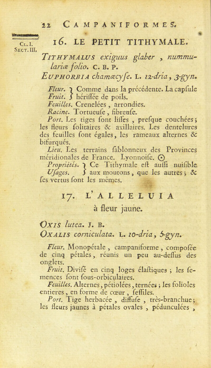 i6. le petit tithymale. Sect.III. TithyMALUS exiguus glaber , nummu- Lariæ folio, c. B, P. Euphorbia chamæcyfe, L. iz-dria^ Fleur. ■) Comme dans la précédente. La capfule Fruit, y hérifTée de poils. Feuilles. Grenelées , arrondies. Racine. Tortueufe, fibreafe. Port. Les tiges font lilTes , prefque couchées; les fleurs folitaires & axillaires. Les dentelures des feuilles font égales, les rameaux alternes Sc bifurqués. Lieu. Les terrains fablonneux des Provinces méridionales de France. Lyonnoife. 0 Propriétés. ■) Ce Tithymale efl: auflî nuifible Ufages. S aux moutons, que les autres ; Sc fes vertus font les mêmes. ' I 17. L’ A L L E L U I A à fleur jaune. Oxis lutea, J. B. O X ALI s corniculata, L. lo-dria, 5-gyn. Fleur. Monopétale , campaniforme , compofée de cinq pétales, réunis un peu au-delTus des onglets. Fruit. Divifé en cinq loges élaftiques ; les fe- mences font fous-orbiculaires. Feuilles. Alternes, pétiolées, ternées ; les folioles entières , en forme de cœur , fefliles. Port. Tige herbacée , difFufe , trcs-branchue ; les fleurs jaunes à pétales ovales , pédunculées ,