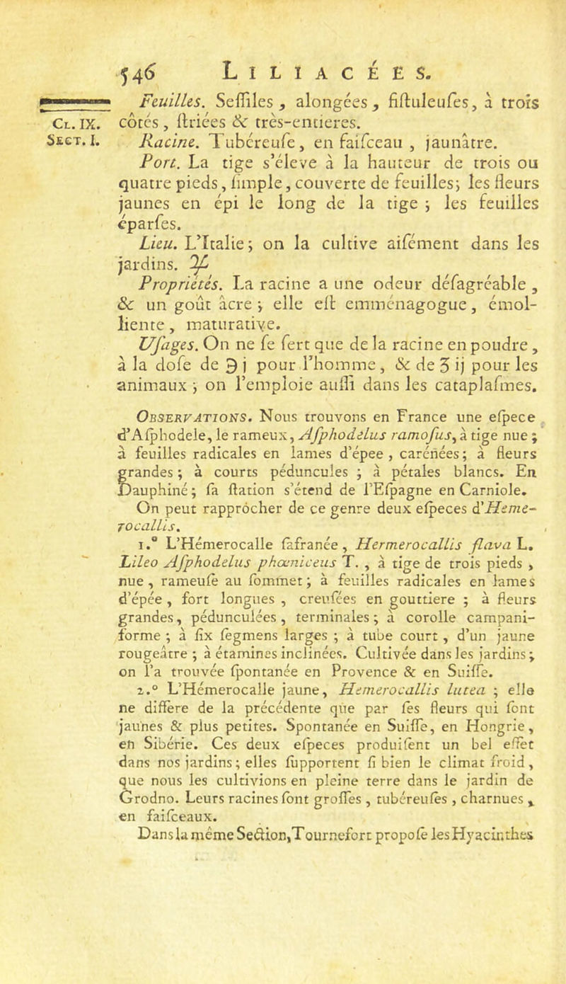 ■■■■■ ' Feuilles. Seflîles , alongées^ fiftiileufes, à trois Cl, IX. côtes , {triées & très-encieres. SïGT. I. Racine. Tubéreufe, en faifeeau , jaunâtre. Port. La tige s’élève à la hauteur de trois ou quatre pieds, {impie, couverte de feuillesj les Heurs jaunes en épi le long de la tige ; les feuilles cparfes. Lieu. L’Italie; on la cultive aifément dans les jardins. Propriétés. La racine a une odeur défagréable , &c un goût âcre ; elle elt emménagogue, émol- liente , maturatiye. Ufages. On ne fe fert que de la racine en poudre, à la dofe de 9 j pour l’homme, & de 5 ij pour les animaux ; on l’emploie aufli dans les cataplafmes. Observations. Nous trouvons en France une efpece d’Alphodele, le tzmeux., A!lJphodâlus ramofus^R tige nue ; à feuilles radicales en lames d’épee , carénées; à fleurs grandes ; à courts péduncules ; à pétales blancs. En Dauphiné ; fa ftation s’étend de l’Efpagne en Carniole. On peut rapprocher de ce genre deux efpeces d’Heme- rocalLls. 1. “ L’Hémerocalle fàfranée, HermerocaUis flava L. Lileo Afphodelus phouniceus T. , à tige de trois pieds , nue, rameufè au fommet ; à feuilles radicales en lames d’épée , fort longues , creufées en gouttière ; à fleurs grandes, pédunculées, terminales; â corolle campani- forme ; à fix fegmens larges ; à tube court, d’un jaune rougeâtre ; à étamines inclinées. Cultivée dans les jardins; on l’a trouvée Ipontanée en Provence & en Suiffe. 2. ° L’Hémerocalle jaune, HemerocalLis lutea ; elle ne diffère de la précédente que par les fleurs qui font jaunes & plus petites. Spontanée en SuilTe, en Hongrie, en Sibérie. Ces deux efpeces produifènt un bel effet dans nos jardins; elles iupportent fi bien le climat froid, (^e nous les cultivions en pleine terre dans le jardin de Grodno. Leurs racines font grofles , tubéreufês , charnues ^ en failceaux. Dans la même Se(ffion,Tour.neforc propolè les Hyacinthes