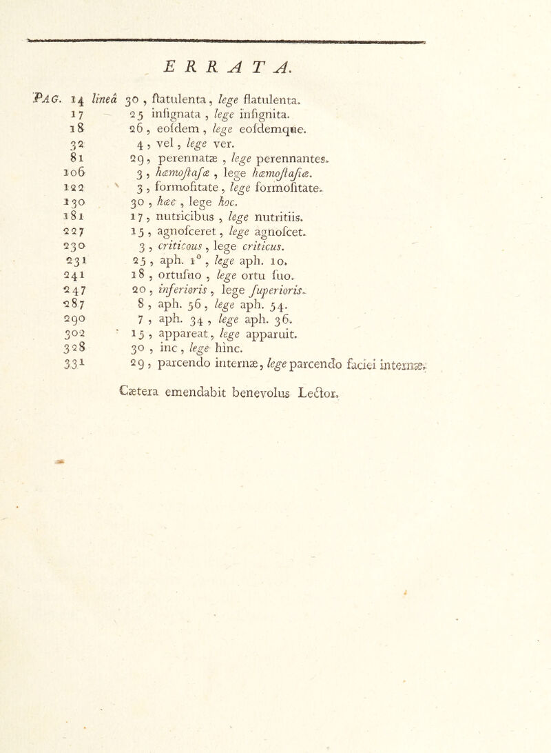 ERRATA. 'Pag. 14 17 15 3^ 81 106 1Q2 130 181 2Q7 230 231 241 247 287 2go 302 328 33^ linea 30 , ftatulenta, lege flatulenta» 23 inlignata , lege infignita. 265 eofdem , lege eofdemqiie. 4 5 vel, lege ver. Qg, perennatae , lege perennantes^ 3 5 h(EmoJiaJ(£, , lege h(zmoJiaJie. 3 5 formofitate , lege foimofitatev 30 5 h(ze ^ lege hoc. 1 7 5 nutricibus , lege nutritiis. ^ 5 5 agnofceret, lege agnofcet^ 3 5 criticous , lege criticus. 23 5 aph. 1® 5 lege aph. 10* ortufuo 5 lege ortu fuo, inferioris , lege fugerioris^ aph. 365 lege aph. 34. aph. 34 , lege aph. 36. appareat, lege apparuit, inc 5 lege' hinc. parcendo internae, lege parcendo 18 , 20, 8, 7 , 30 5 29, Cetera emendabit benevolus Leftoi,