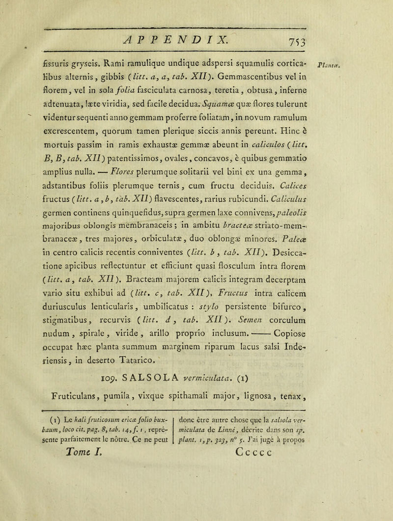 Êssuris gryseis, Rami ramulique undique adspersi squamulis cortica- Hbus alternis, gibbis (litt. a, a, tab. XII). Gemmascentibus vel in fiorem,vel in sotet folia fasciculata carnosa, teretia, obtusa, inferne adtenuata, læte viridia, sed facile decidua, Squames, quæ flores tulerunt videntursequentiannogemmam proferre foliatam, in novurn ramulum excrescentem, quorum tamen plerique siccis annis pereunt. Hinc è mortuis passim in ramis exhaustæ gemmas abeunt in caliculos ( litt. B, tab. XII) patentissimos, ovales, concavos, è quibus gemmatio amplius nulla. — Flores plerumque soîitarii vel bini ex una gemma, adstantibus foîiis plerumque ternis, cum fructu deciduis. Calices fructus ( litt. a, b, tab. XII) flavescentes, rarius rubicundi. Caliculus germen continens quinquefidus, supra germen laxe connivens,paleolis majoribus oblongis membranaceis ; in ambitu bracteœstriato-mem- branaceæ, très majores, orbiculatæ, duo oblongæ minores. Palece in centro calicis recentis conniventes (litt. b) tab. XII). Pesicca- tione apicibus reflectuntur et efficiunt quasi flosculum intra florem {litt. a, tab. XII). Bracteam majorem calicis integram decerptam vario situ exbibui ad (litt. c, tab. XII), Fructus intra calicem duriusculus lenticularis, umbilicatus : stylo persistente bifurco, stigmatibus, recurvis ( litt. d, tab. XII). Semen corculum nudum , spirale , viride , arillo proprio inclusum. Copiose occupât hæc planta summum marginem riparum lacus saisi Inde- îiensis, in deserto Tatarico, iop. S ALS OL A vermiculata. (I) Fruticulans, pumila, vixque spithamali major, lignosa, tenax. (i) Le kali fruticosum ericœ folio bux- baum, loco cit. pag. 8, tab. 14, f. 1, repré- sente parfaitement le nôtre. Ce ne peut Tome I, donc être autre chose que la salsola ver- miculata de Linné, décrite dans son sp. plant. 1 ,p. 323, n° 3. J’ai jugé à propos C c c c c Pldtltx.,