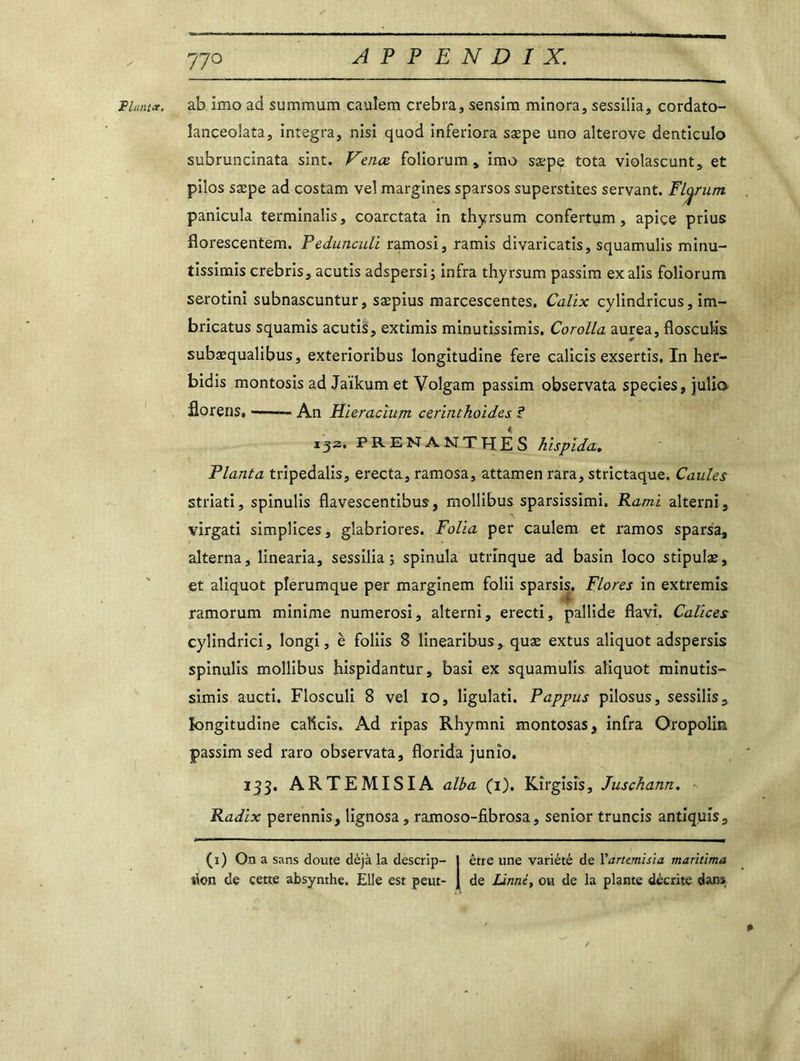 i 770 APPENDIX. lanceolata, integra, nisi quod inferiora sæpe uno alterove denticulo subruncinata sint. Venœ foliorum » imo sæpe tota violascunt, et pilos sæpe ad costam vel margines sparsos superstites servant. Flyrum panicula terminalis, coarctata in thyrsum confertum , apiçe prius florescentem. Pedunculi ramosi, ramis divaricatis, squamulis minu- tissimis crebris, acutis adspersi; infra thyrsum passim ex alis foliorum serotini subnascuntur, sæpius marcescentes. Calix cylindricus, im- bricatus squamis acutis, extimis minutissimis. Corolla aurea, flosculis subæqualibus, exterioribus longitudine fere calicis exsertis. In her- bidis montosis ad Jaïkum et Volgam passim observata species, julien florens» —— An Hieracïum cerinthoides f PRENANTHÉs hispîda.. Planta tripedalis, erecta, ramosa, attamen rara, strictaque. Caules striati, spinulis flavescentibus, mollibus sparsissimi. Ramï alterni, virgati simplices, glabriores. Folia per caulem et ramos sparsa, alterna, linearia, sessilia; spinula utrinque ad basin loco stipulæ, et aliquot pîerumque per marginem folii sparsis. Flores in extremis ramorum minime numerosi, alterni, erecti, pallide flavi. Calices cylindrici, longi, è foliis 8 linearibus, quæ extus aliquot adspersis spinulis mollibus hispidantur, basi ex squamulis aliquot minutis- simis aucti. Flosculi 8 vel 10, ligulati. Pappus pilosus, sessilis -, longitudine caKcîs. Ad ripas Rhymni montosas, infra Oropolin passim sed raro observata, florida junîo. 133. ARTEMISIA alba (1). Kîrgisîs, Juschann. Radix perennis, lignosa, ramoso-fibrosa, senior truncis antiquls, (1) On a sans doute déjà la descrip- I être une variété de Yartemisia marïtima don de cette absynthe. Elle est peut- J de Linné, ou de la plante décrite dans