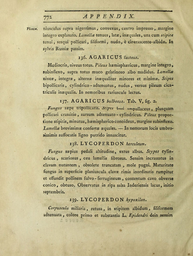 Planta, niusculus supra nigerrimus, convexus, centro impresso, margine integro explanato. Lamellœ tenues, latæ, inæquales, una cum stipite. tenui, sesqui pollicari, filiformi, nudo, è cinerascente-albidæ, In sylvis Russiæ passim. 135. AGARICUS ïacteus. Mediocris, niveus totus. Pileus hæmisphæricus, margine integro, subinflexo, supra totus muco gelatinoso albo madidus. Lamelles niveæ, integræ, alternæ inæqualiter minores et minimæ. Stipes bipollicaris, cylindrico - adtenuatus, nudus , versus pileum cica- triculis inæqualis. In nemoribus rariuscule lectus. 137. AGARICUS bulbosus. Tab. V, fig. 2. Fungus sæpe tripollicarls. Stipes basl ampullaceus, plusquam pollicari crassitie , sursum adtenuato - cylindricus. Pileus propor- tione stipitis, minutus, hæmispherico-conoïdeus, margine subinflexo. Lamelles brevissimæ confertæ æquales. — In nemorum locis umbro- sissimis suffocatis ligno putrido innascitur. 138. LYCOPERDON herculeum. Fungus sæpius pedali altitudine, extus albus. Stypes Cylin- dricus , scariosus , ceu lamellis fibrosus. Sensim incrassatus in clavam nutantem , obsolète truncatam , mole pugni. Maturitate fungus in superficie planiuscula clavæ rimis inordinatis rumpitur et effundit pollinem fulvo - ferrugineum, contentum cavo obverse conico, obtuso, Observatus in ripa salsa Inderiensis lacus, initio septembris. 13p. LYCOPERDON hypoxilon. Corpuscula miliaria, retusa, in stipitem albidum, filiformem adtenuata, colore primo et substantia L. Epidendri dein sensim