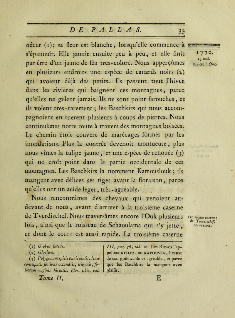 odeur (i); sa fleur est blanche, lorsqu’elle commence à s’épanouir. Elle jaunit ensuite peu à peu, et elle finit I77°- par être d’un jaune de feu très-coloré. Nous apperçumes Rivière tcouk. en plusieurs endroits une espèce de canards noirs (2) qui avoient déjà des petits. Ils passent tout Phiver dans les rivières qui baignent ces montagnes, parce qu’elles ne gèlent jamais. Ils ne sont point farouches, et ils volent très-rarement ; les Baschkirs qui nous accom- pagnoient en tuèrent plusieurs à coups de pierres. Nous continuâmes notre route à travers des montagnes boisées. Le chemin étoit couvert de marécages formés par les inondations. Plus la contrée devenoit montueuse, plus nous vîmes la tulipe jaune, et une espèce de renouée (3) qui ne croît point dans la partie occidentale de ces montagnes. Les Baschkirs la nomment Kamouslouk ; ils mangent avec délices ses tiges avant la floraison, parce qu’elles ont un acide léger, très- agréable. Nous rencontrâmes des chevaux qui venoient au- devant de nous, avant d’arriver à la troisième caserne de Tverdischef. Nous traversâmes encore l’Ouk plusieurs Troisième caserne fois, ainsi que le ruisseau de Schaoulama qui s’y jette, 22 verstes. et dont le cours est aussi rapide. La troisième caserne (1) Orobus luteus. (2) Glocium. ( 3 ) Polygonum spiclspaniculatis, dense constipaùs floribus occandris, trigynïs, fo- liorum vaginis hirsutis, Flor. sibir. vol. Tome IL III, pag.'g6, tab. 10. Les Russes l’ap- pellent kizlez , ou kapousta , à cause de son goût acide et agréable, et parce que les Baschkirs la mangent avec plaifir. E