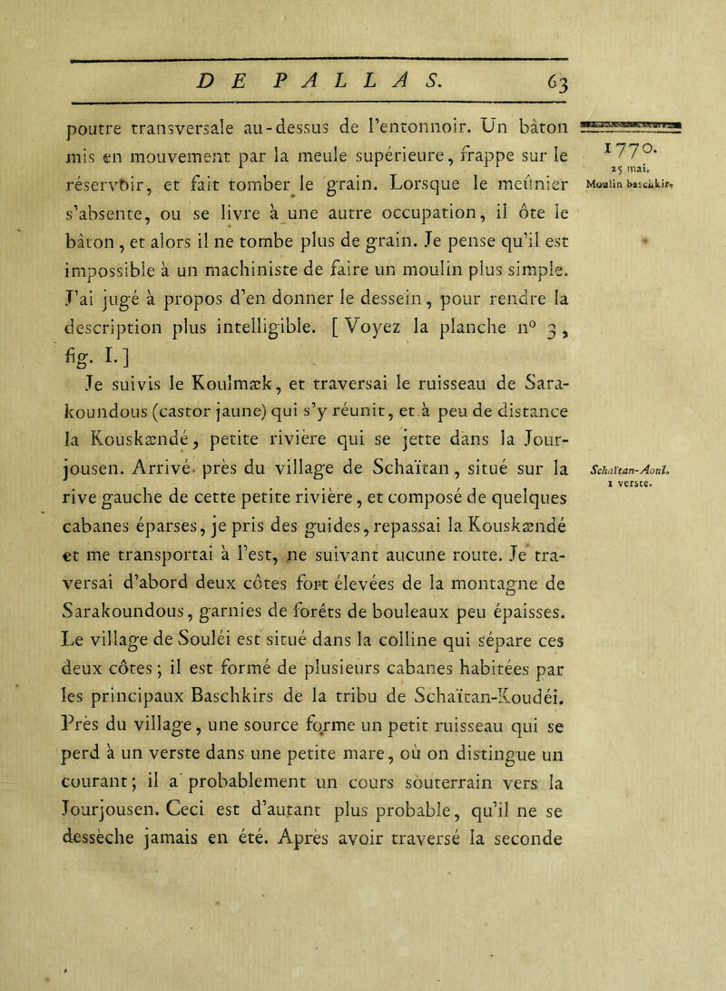 poutre transversale au-dessus de l’entonnoir. Un bâton mis en mouvement par la meule supérieure, frappe sur le réservoir, et fait tomber le grain. Lorsque le meûnier s’absente, ou se livre à une autre occupation, il ôte le bâton , et alors il ne tombe plus de grain. Je pense qu’il est impossible à un machiniste de faire un moulin plus simple. J’ai jugé à propos d’en donner le dessein, pour rendre la description plus intelligible. [ Voyez la planche n° 3 ? %• !•] Je suivis le Koulmæk, et traversai le ruisseau de Sara- koundous (castor jaune) qui s’y réunit, et.à peu de distance la Kouskændé, petite rivière qui se jette dans la Jour- jousen. Arrivé près du village de Schaïtan, situé sur la rive gauche de cette petite rivière, et composé de quelques cabanes éparses, je pris des guides, repassai la Kouskændé et me transportai à l’est, ne suivant aucune route. Je tra- versai d’abord deux côtes fort élevées de la montagne de Sarakoundous, garnies de forêts de bouleaux peu épaisses. Le village de Souléi est situé dans la colline qui sépare ces deux côtes ; il est formé de plusieurs cabanes habitées par les principaux Baschkirs de la tribu de Schaïtan-Koudéi. l3rès du village, une source forme un petit ruisseau qui se perd à un verste dans une petite mare, où on distingue un courant ; il a' probablement un cours souterrain vers la Jourjousen. Ceci est d’autant plus probable, qu’il ne se dessèche jamais en été. Après avoir traversé la seconde f s* 177°. 25 mai. Moulin i>a$càk.ixv Schiïtan-Aoul,