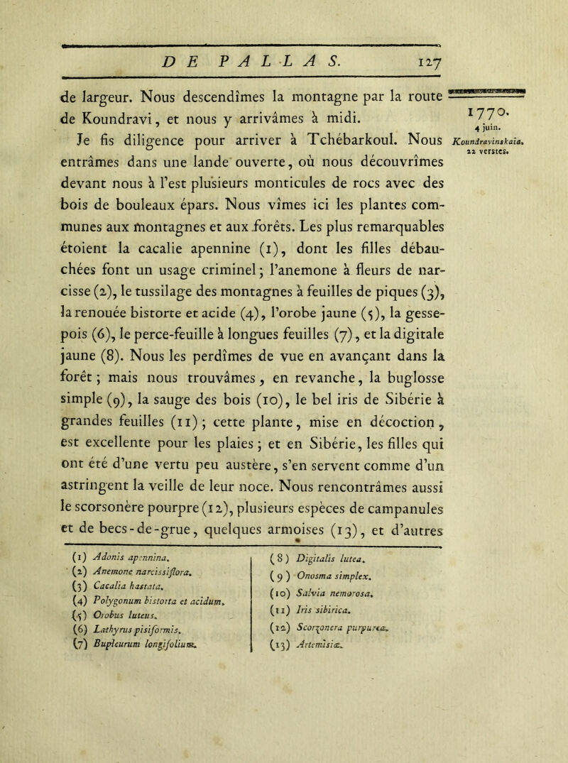 de largeur. Nous descendîmes la montagne par la route de Koundravi, et nous y arrivâmes à midi. Je fis diligence pour arriver à Tchébarkoul. Nous entrâmes dans une lande ouverte, où nous découvrîmes devant nous â Test plusieurs monticules de rocs avec des bois de bouleaux épars. Nous vîmes ici les plantes com- munes aux montagnes et aux .forêts. Les plus remarquables étoient la cacalie apennine (i), dont les filles débau- chées font un usage criminel ; l’anemone à fleurs de nar- cisse (2), le tussilage des montagnes à feuilles de piques (3), la renouée bistorte et acide (4), l’orobe jaune ($), la gesse- pois (6), le perce-feuille à longues feuilles (7), et la digitale jaune (8). Nous les perdîmes de vue en avançant dans la forêt ; mais nous trouvâmes, en revanche, la buglosse simple (9), la sauge des bois (10), le bel iris de Sibérie à grandes feuilles (11); cette plante, mise en décoction, est excellente pour les plaies ; et en Sibérie, les filles qui ont été d’une vertu peu austère, s’en servent comme d’un astringent la veille de leur noce. Nous rencontrâmes aussi le scorsonère pourpre (12), plusieurs espèces de campanules et de becs-de-grue, quelques armoises (13), et d’autres (1) Adonis apcnnina. (2) Anemone narcissiflora. (3) Cacalia h astata, (4) Polygonum bïstona et acidum» (•f) Orobus luteus. (6) Lathyrus pisiformis. (7) Bupleurum longijoliuni. ( 8 ) Digitalïs lutea. ( 9 ) Onosma simplex. (10) Sdlvia nemorosa. (11) Iris sibirica. (12) Scorçonera purpurea. (13) Artemsiœ. 1770. 4 juin. Koundravinskaia, 11 verstcî.