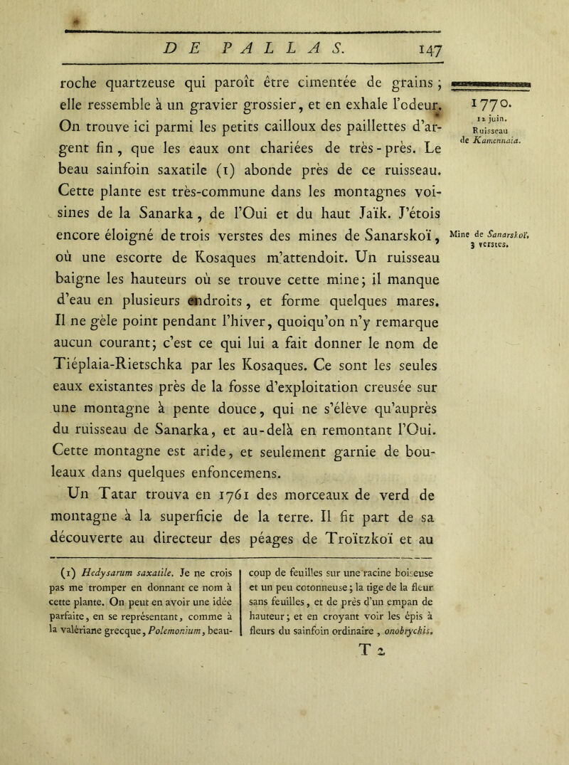 roche quartzeuse qui paroît être cimentée de grains ; elle ressemble à un gravier grossier, et en exhale l’cdeur. O11 trouve ici parmi les petits cailloux des paillettes d’ar- gent fin , que les eaux ont chariées de très - près. Le beau sainfoin saxatile (1) abonde près de ce ruisseau. Cette plante est très-commune dans les montagnes voi- sines de la Sanarka , de l’Oui et du haut Jaïk. J’étois encore éloigné de trois verstes des mines de Sanarskoï, où une escorte de Kosaques m’attendoit. Un ruisseau baigne les hauteurs où se trouve cette mine; il manque d’eau en plusieurs endroits , et forme quelques mares. Il ne gèle point pendant l’hiver, quoiqu’on n’y remarque aucun courant; c’est ce qui lui a fait donner le nom de Tiéplaia-Rietschka par les Kosaques. Ce sont les seules eaux existantes près de la fosse d’exploitation creusée sur une montagne à pente douce, qui ne s’élève qu’auprès du ruisseau de Sanarka, et au-delà en remontant l’Oui. Cette montagne est aride, et seulement garnie de bou- leaux dans quelques enfoncemens. Un Tatar trouva en 1761 des morceaux de verd de montagne à la superficie de la terre. Il fit part de sa découverte au directeur des péages de Troïtzkoï et au (1) Hedysarum saxatile. Je ne crois pas me tromper en donnant ce nom à cette plante. On peut en avoir une idée parfaite, en se représentant, comme à la valériane grecque,Polernon!um, beau- coup de feuilles sur une racine boiseuse et un peu cotonneuse ; la tige de la fleur sans feuilles, et de prés d’un empan de hauteur; et en croyant voir les épis à fleurs du sainfoin ordinaire , onobrychis, T z 177°* 1 * juin. R uisseau (le Kamennaia. Mine de Sanarskoï, 3 verstes.