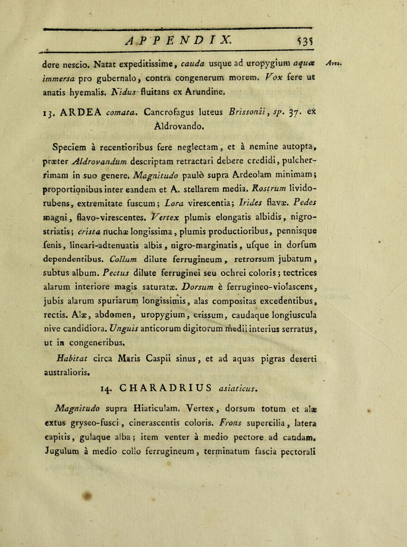 dere nescio. Natat expeditissime, cauda usque ad uropygium aquœ immersa pro gubernato, contra congenerum morem. Vox fere ut anatis hyemalis. Kidus- fluitans ex Arundine. 13, ARDEA comata. Cancrofagus luteus Brissonii, sp. 37. ex Aldrovando. Speciem à recentioribus fere neglectam, et à nemine autopta, præter Aldrovandum descriptam retractari debere credidi, pulcher- rimam in suo genere. Magnitudo paulô supra Ardeolam minimam; proportionibus inter eandem et A. stellarem media. Rostrum livido- rubens, extremitate fuscum; Lora virescentia; îrides flavæ. Pedes magni, flavo-virescentes. Vertex plumis elongatis albidis, nigro- striatis; crista nuchae longissima, plumis productioribus, pennisque fenis, lineari-adtenuatis albis, nigro-marginatis, ufque in dorfum dependentibus. Collum dilute ferrugineum, retrorsum jubatum, subtus album. Pectus dilute ferruginei seu ochrei coloris ; tectrices alarum interiore magis saturatæ. Dorsum è ferrugineo-violascens, jubis alarum spuriarum longissimis, alas compositas excedentibus, rectis, Alæ, abdomen, uropygium, crissum, caudaque longiuscula nive candidiora. Unguïs anticorum digitorum mediiinterius serratus, ut in congeneribus. Habitat circa Maris Caspii sinus, et ad aquas pigras deserti australioris, 14. CHARADRIUS asiaticus. Magnitudo supra Hiaticulam. Vertex, dorsum totum et alae extus gryseo-fusci, cinerascentis coloris. Fions supercilia, latera capitis, gulaque aîba ; item venter à medio pectore ad caudam. Jugulum à medio collo ferrugineum, terminatum fascia pectoral! Aves.