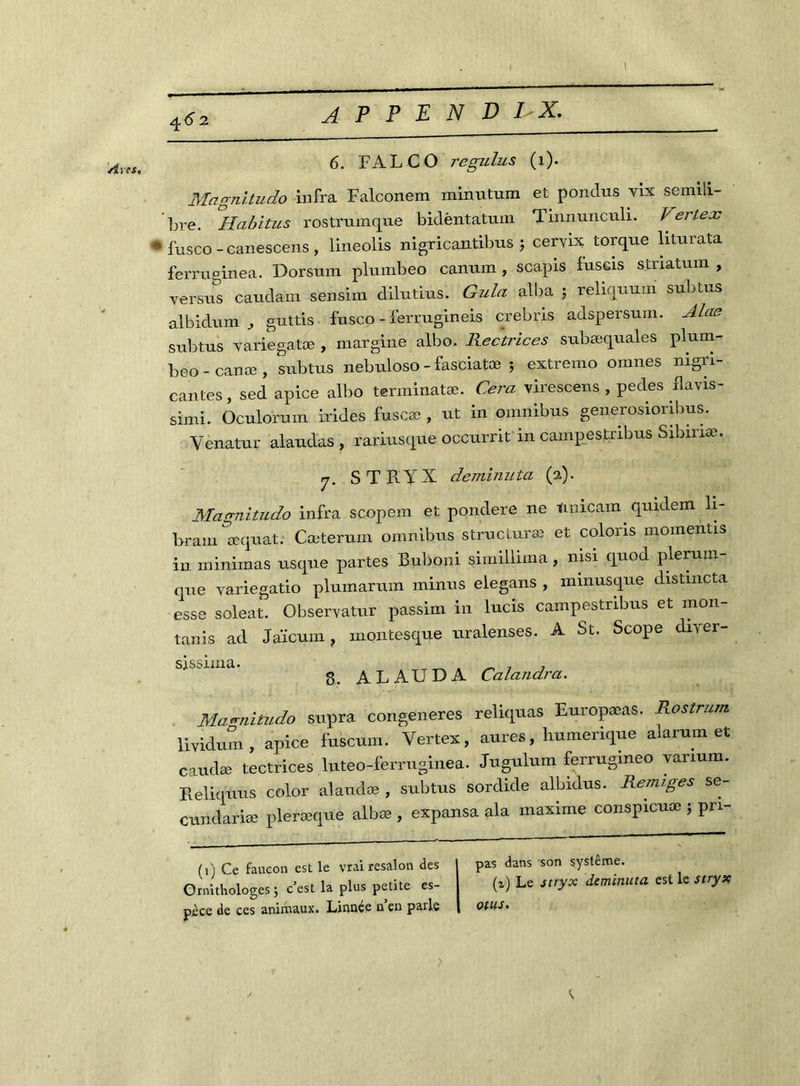 'Aies, 4,6 2 A P P E N D UX, 6. FALCO regulus (1). Magnitudo infra Falconem minutum et pondus vix semili- bre. Habitus rostrumque bidèntatum Tinnunculi. Verteas * fusco - canescens , lineolis nigricantibus ; cervix torque liturata ferruginea. Dorsum plumbeo canum , scapis iuseis striatum , yersus caudarn sensim dilutius. Gula alba 5 reliquurn subtus albidum guttis fusco - ferrugineis crebris adspersum. Mae subtus yariegatæ , margine albo. Rectrices subæquales plum- beo - canœ , subtus nebuloso - fasciatæ ; extremo omnes nign- cantes, sed apice albo terminatæ. Cera virescens , pedes flavis- simi. Oculorum irides fuscæ , ut in omnibus generosioribus. Yenatur alaudas , rariusque occurrit in campestribus Sibirwe, 7. STRYX de minuta (a). Magnitudo infra scopem et pondéré ne tmicam quidem li- bram æquat. Cœterum omnibus structuras et coloris momentis in minimas usque partes Buboni simillima, msi quod plerum- qne variegatio plumarum minus elegans , minusque distmcta esse soleat. Observatur passim in lucis campestribus et mon tanis ad Jaïcum, montesque uralenses. A St. Scope diyer- sissima. _ . _ , 7 8. AL AU DA Calandra. Magnitudo supra congeneres reliquas Europæas. Rostrum lividum, apice fuscum. Vertex, aures, bumerique alarum et caudæ tectrices luteo-ferruginea. Jugulum ferrugineo yanum. Reliquus color alaudæ , subtus sordide albklus. Remiges se- cundariæ pleræque albæ , expansa ala maxime conspicuæ ; pn- (1) Ce faucon est le vrai resalon des Ornithologes j c’est la plus petite es- pèce de ces animaux. Linnee n en parle pas dans son système. (z) Le stryx deminuta est le stryx otus.