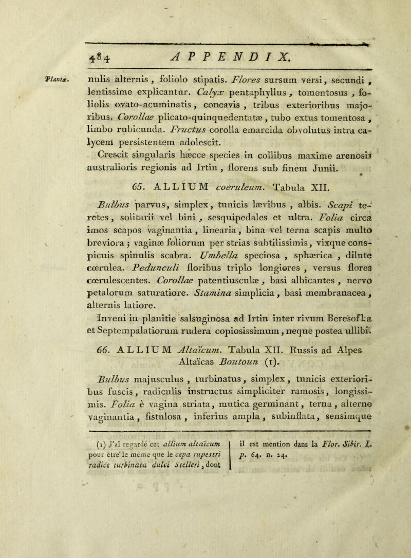 Tlantee. nulis altérais , foliolo stlpatis. Flores sursum yersi, secundi , lentissime explicantur. Calyx pentaphyllus , tomentosus , fo- liolis oyato-acuminatis, concavis , tribus exterioribus majo- ribus. Coi'ollae plicato-quinquedentatæ , tubo extus tomentosa , limbo rubicunda. Fructus corolla emarcida obyolutus intra ca- lycem persistentern adolescit. Crescit singularis hæcce species in coîlibus maxime arenosii australioris regionis ad Irtin , florens sub finem Junii. 65. A L L I U M coeruleum. Tabula XII. Bulhus parvus, simplex, tunicis lævibus , albis. Scapi te- retes, solitarii yel bini , sesquipedales et ultra. Folia circa imos scapos vaginantia , linearia, bina vel terna scapis multo breviora ; vaginæ foliorum per strias subtilissimis, vixque cons- picuis spinulis s cabra. Umbella speciosa , sphærica , dilute ecerulea. Fedunculi floribus triplo longiores , yersus flore3 cœrulescentes. Corollae patentiusculæ, basi albicantes , nervo petalorum saturatiore. Stamina simplicia , basi membranacea , altérais latiore. Inveni in planitie salsuginosa ad Irtin inter rivum Beresofka et Septempalatiorum rudera copiosissimum, neque postea ullibi. 66. ALLIUM Altaïcum. Tabula XII. Russis ad Alpes Altaïcas Boutoun (i). Bulbus majusculus , turbinatus, simplex, tunicis exteriori- bus fuscis , radiculis instructus simpliciter ramosis, longissi.- mis. Folia è vagina striata, mutica germinant, terna, alterne yaginantia , fistulosa , inferius ampla , subinflata, sensirnque (i) j’«*i regardé cet a Ilium alcaicum pour être le meme que le cepa rupestri radies lurbinata dulci s telleri, dont il est mention dans la Flor. Sibir. L* p. 64. n. 14.