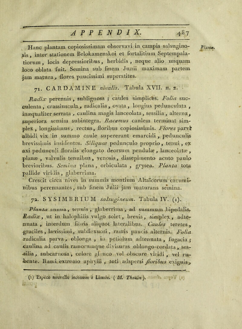 Hanc plantain copiosissimam observavi in campis salsugino- sis , inter stationem Belokarnenskoi et fortalitiurn Septempala- tiorum , locis depressioribns, herbidis , neque alio unquarn loco oblata fuit. Sembla sub fine 111 Junii maxiiaam partem jam matura, flores, pancissimi superstites. 7i. CARDAMINE hivalis. Tabula XVII. n. 2. Radix perennis , sublignosa $ caules simplic'es. Folia suc- culenta, crassiuscula , radicalia, ovata , longius pedunculata , inæqualiter serrata , caulina magis lanceolata, sessilia, alterna, superiora sensim subintegra. Fuie émus caulem termbiat sim- plex , longissimus , rectus, floribus copiosissimis. Flores paryj albidi vix in summo caule supererant emarcidi , pedunculis brevissimis insidentes. Siliquae pedunculo proprio , tenui , ex axi pedunculi floralis elongato deorsum pendulæ , lanceolatæ planæ , valyulis tenuibus, venosis, dissepimento acuto paulo brevioribus. Sembla plana, orbiculata , grysea. FLanta tota pallide yiridis , glaberrima. Crescit circa nives in summis montium Altaïcorum cacumi- nibus perennantes, sub finem Julii jam maturans semina. 7a. SYSIMBRIUM salsugineum. Tabula IV. (1). Flanta anima, tenuis , glaberrima, ad summum brpedalis» Radix, ut in lialopliilis yulgo solet, breyis, simplex , adte- nuata , interdum fibris aliquot lateralibus. Caules teretes, graciles , læyissimi, subflexuosi , ramis paucis alternis. Folia, radicalia parya, oblonga , in petiolum adtenuata , fugacia j caulina ad caulis ramommque diyisuras oblongo-cordata, ses- silia, subcarnosa , colore gluco vel obscure yiridi , vel ru- •bente. Rami.extremo aphyili , toti adspersi floribus exiguis^ (1) Espèce nouvelle inconnue à Limbe. ( M. Thouin). Plantas. L