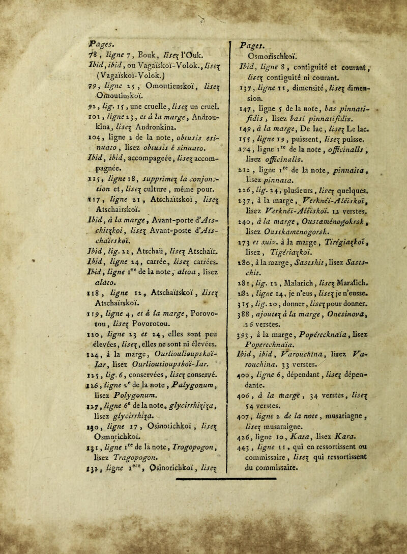 Pages. i% , ligne 7, Boule, lîse\ l’Ouk. Ibid, ibid, ou Vagaïskoï-Volok., lise\ ( V agaïskoï-V olok. ) 79 , ligne z5 , Omoutienskoï, lise\ Omoutinskoï. , lig. i f , une cruelle, lise\ un cruel. ioi , ligne 23, et à la marge, Androu- kina, lise1 Andronkina. 104, ligne 2 de la note, obtusis esi- nuato , lisez obtusis è sinuato. Ibid., ibid, accompageée, lise^ accom- pagnée. 11J, ligne 18, supprime5 la conjonz- tion et, lise-{ culture , même pour. ï 17 , ligne 2 1 , Atschaïtskoï , lisej Atschaïrs'koï. Ibid, à la marge, Avant-porte d’Ats- chit\koi, liseï Avant-poste d’Ats- chairskoï. Ibid, lig. z z, Atschaü, lise\ Atschaïr. Ibid, ligne 14, carrée, lise\ carrées. Ibid, ligne ire de la note, altoa , lisez alàto. 118 , ligne iz, Atschaïtskoï, Use\ Atschaïrskoï. 119, ligne 4, et à la marge, Porovo- tou, lise\ Povorotou. 120, ligne 13 et 14, elles sont peu élevées, lise\, elles ne sont ni élevées. H4, à la marge, Ourlioulioupskoï- Jar, lisez Ourlioutioupsko'i-Iar. 115, lig. 6, conservées, lise\ conservé. X z6 y ligne ze de la note , Palygonum, lisez Polygonum. izj, ligne 6e de la note, glyairrhi^ngi, lisez glycirrhija. 130, ligne 17, Osinoiichkoï, lise\ OsmorLchkoL # * 131, ligne ire de la note, Trogopogon, lisez Tragopogon. *}h Hg,z( Ierst Qsinoricbkoï, lise\ Pages. Osmofischkoï. Ibid, ligne 8 , contiguïté et courant,' lise^ contiguïté ni courant. 137, ligne 11, dimensité, lise\ dimen- sion. 147, ligne f de la note, las pinnati~ fidis , lisez basi pinnatifidis. 149, à la marge, De lac , lise^ Le lac. if f , ligne 19 , puissent, lise\ puisse. 174 , ligne ire de la note , officinalls , lisez officinalis. an , ligne ire de la note, pinnaita, lisez pinnata. zz6, lig. 14, plusieurs, lise\ quelques. 137, à la marge, Verknei-Aléiskoit lisez Verknei-Aleisko'i. 1.2 verstes. 240, à la marge , Oustamênogokrsk , lisez Oustkamenogorsk. 173 et s.uiv. à la marge , Tiregia[koï, lisez, Tigériat^kdi. t8o, à la marge, Sastshit, lisez Sasts- chit. 281, lig. 12 , Malarich, lise\ Maralich. z'Bz , ligne 14, je n’eus, lise\ je n’eusse. 3 if , lig. 20, donner, Are^pour donner. 388 , ajoute\ à ta marge, Onesmoi>at .2 6 verstes. 393, à la marge , Popérecknaïa, lisez Poperechna'ia. Ibid, ibid, Varouchina, lisez Va- rouchina. 33 verstes. / . '.V; 400, ligne 6, dépendant, liseï dépen- dante. 406, à la tnarge , 34 verstes, lise\ f4 verstes. 407, ligne z de la note , musariagne , liseï musaraigne. 426, ligne 10 , Kata, lisez Kara. 443 , ligne 11 , qui en ressortissent ou commissaire , lise\ qui ressortissent du commissaire. MB*' 1 ■ m