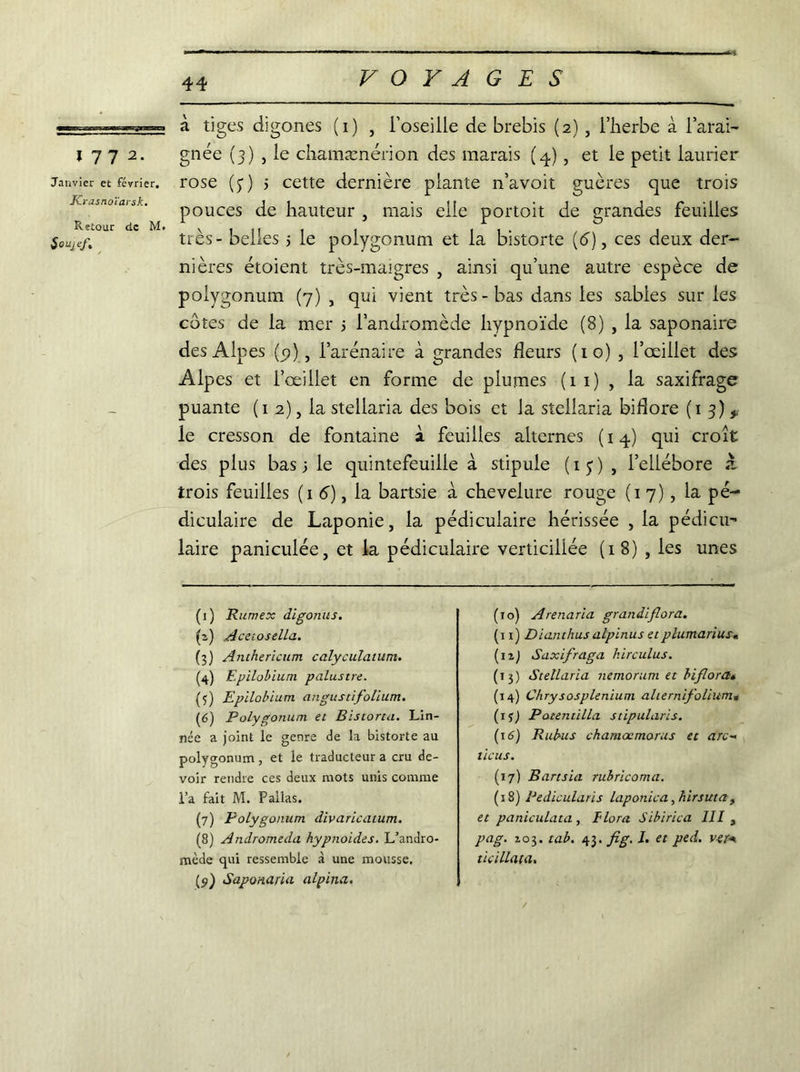 \H2. Janvier et février. Krasnoïarsk. Retour tic M. Soujef, à tiges digones (i) , l’oseille de brebis (2) , l’herbe à l’arai- gnée (3) j le chamænérion des marais (4), et le petit laurier rose (y) j cette dernière plante n’avoit guères que trois pouces de hauteur , mais elle portoit de grandes feuilles très - belles ; le polygonum et la bistorte (6), ces deux der- nières étoient très-maigres , ainsi qu’une autre espèce de polygonum (7) , qui vient très-bas dans les sables sur les cotes de la mer ; i’andromède hypnoïde (8) , la saponaire des Alpes (9), l’arénaire à grandes fleurs (10) , l’œillet des Alpes et l’œillet en forme de plumes (11), la saxifrage puante (1 2), la stellaria des bois et la stellaria biflore (1 3) t le cresson de fontaine à feuilles alternes ( 14) qui croît des plus bas 5 le quintefeuiile à stipule (iy) , l’ellébore à trois feuilles (1 6), la bartsie à chevelure rouge (17), la pé- diculaire de Laponie, la pédiculaire hérissée , la pédicu- laire paniculée, et la pédiculaire verticiliée (18) , les unes (1) Rumex digonus. (2) Acetosella. (3) Anthericum calyculatum. (4) Epilobium palustre. (5) Epilobium angustifolium. (6) Polygonum et Bistorta. Lin- nce a joint le genre de la bistorte au polygonum , et le traducteur a cru de- voir rendre ces deux mots unis comme l’a fait M. Pallas. (7) Polygonum divarlcatum. (8) Andromeda hypnoides. L’andro- mède qui ressemble à une mousse. [ÿ) Saponaria alpirui. (to) Arenaria grandiflora. (11) Dianthus alpïnus etplumariusm (12J Saxifraga hirculus. (13) Stellaria nemorum et biflora* (14) Chrysosplenium aller ni folium* (if) Patentilla stipularis. (16) R abus chamœmoras et arc~> licus. (17) Bartsia rubricoma. (18) Bedicularis Laponie a, hirsuta , et paniculata , Flora Sibirica III , pag. 203. tab. 43. fig. 1. et ped. ver*, ticillata.